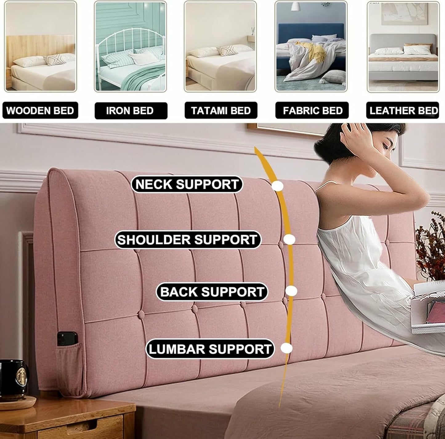 Pink,61x23x4In,Headboard Pillow Bed Support Pillowboard,Large Backrest Wedge Adult Lumbar Cushion,Rectangle Pillow Solid Color Removable Headboard for Sofa Bed Bunk Bed
