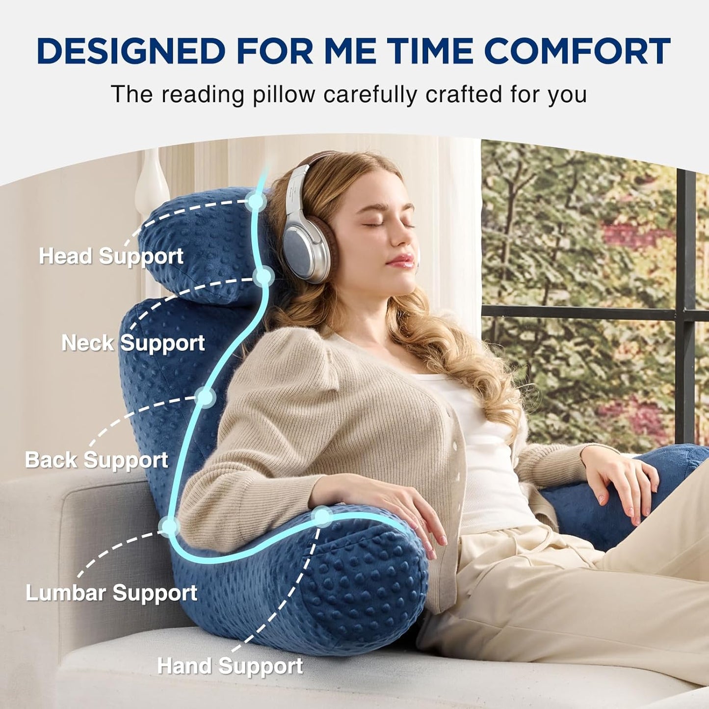 Reading Pillow for Sitting in Bed Couch Adult, Back Pillow for Bed Sitting Up, Back-Rest Support Cushion with Pockets and Arms, Watching TV, Relaxing, Reading, Navy Blue