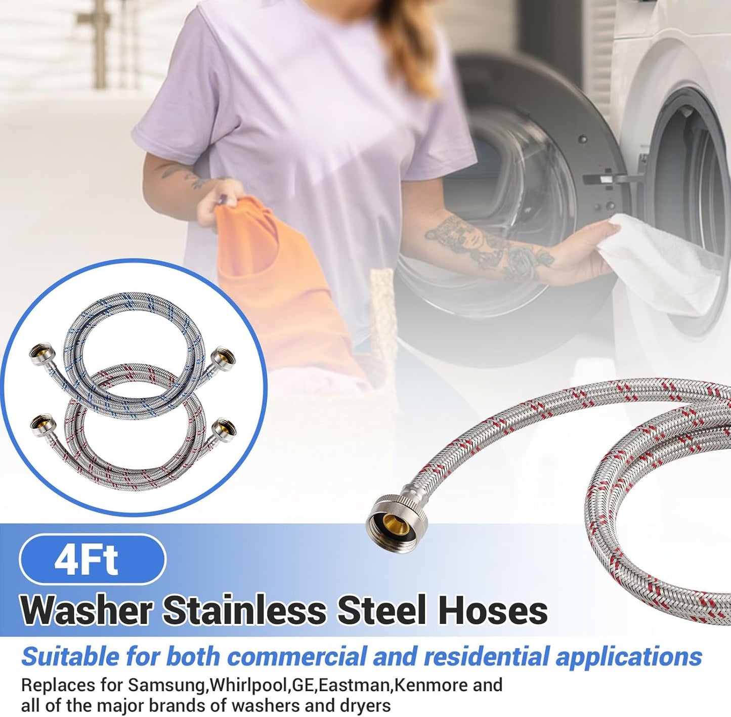 4 Ft Washing Machine Hoses, 2 Packs Premium Stainless Steel Washer Hoses Burst Proof, Hot and Cold Striped Water Supply Hoses with 3/4'' Standard Interface fit for ALL Washer