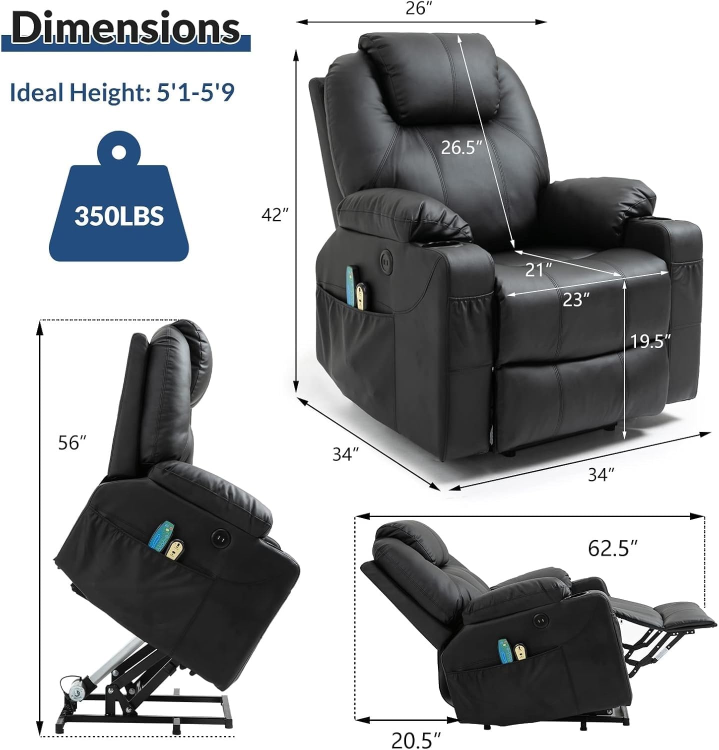 Power Lift Recliner Chair for Elderly, Adjustable Electric Recliner with Heat and Massage, Leather Power Recliner Chair with USB Ports, Cup Holders and Side Pockets
