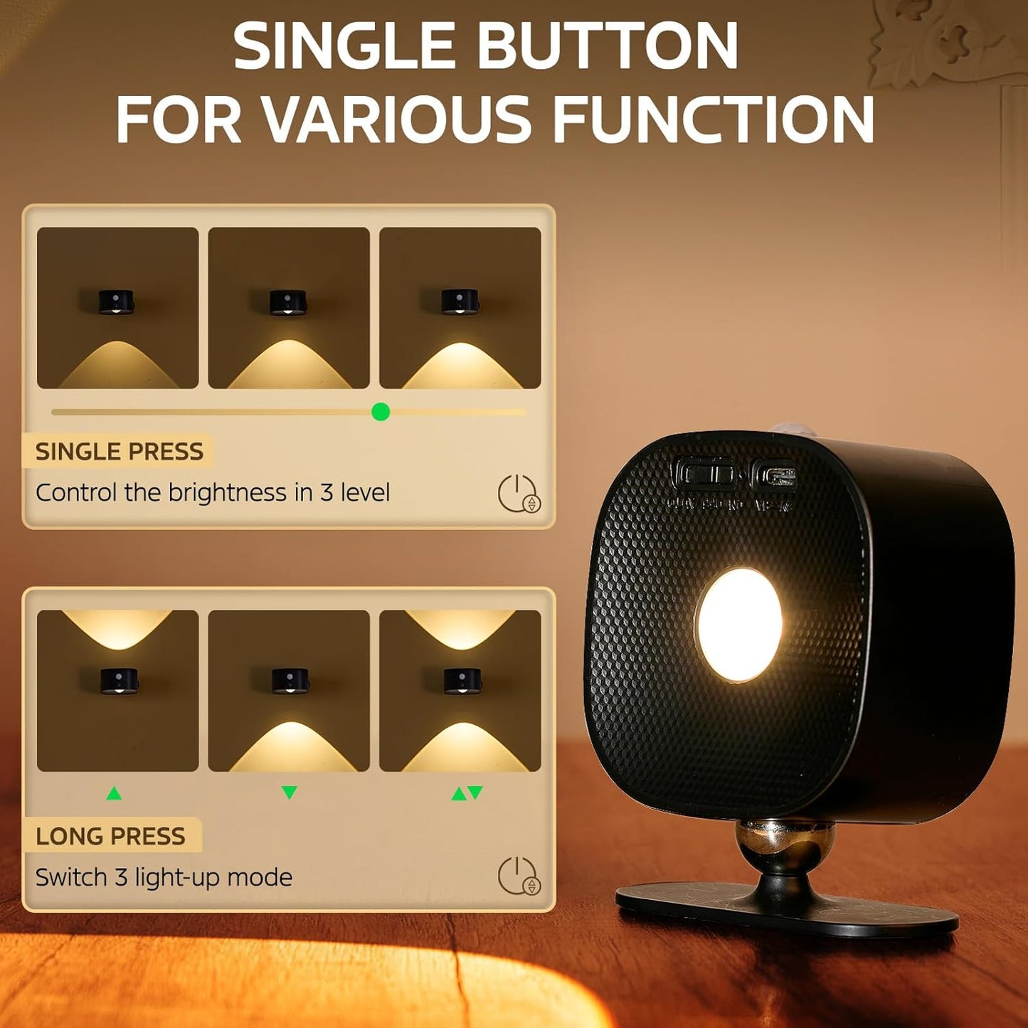 Midea Motion Sensor Wall Mounted Light Indoor,Wireless Dimmiable Wall Sconce with Rechargeable Battery Operated for Reading Room/Hallway/Stairway/Bedroom Besides