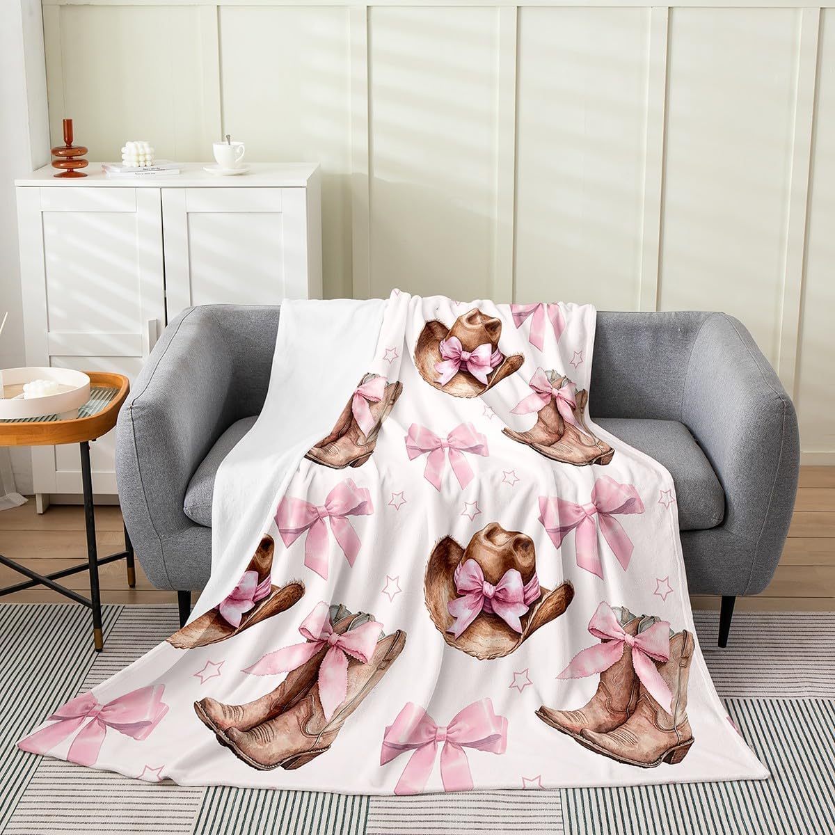 Castle Fairy Retro Western Flannel Blanket Throw 50"x60",Cowgirl Hat Boots Bed Sofa Blankets for Kids Boys,Pink Princess Bowknots Fuzzy Blanket Room Decor,Farmhouse Style Breathable Blanket