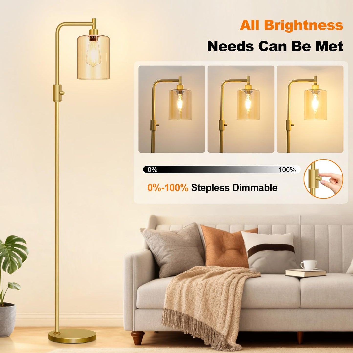 【Upgraded】Gold Dimmable Floor Lamp for Living Room with Amber Glass Lampshade, Glass Modern Floor Lamp with 900LM Bulb Included, Bright Standing Tall Lamp for Bedroom, Office, Reading Room, Corner