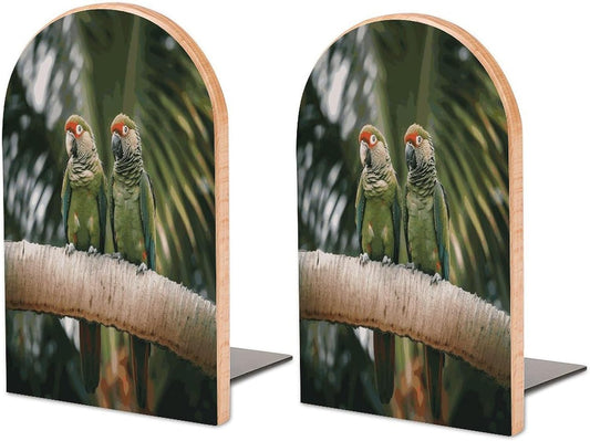 Two Parrots on Green Palm Tree Wooden Bookend Non-Slip Book Ends Heavy Duty Book Stopper with Metal Base Books Holderd Decorative Bookends Stands Firmly for Office Supplies