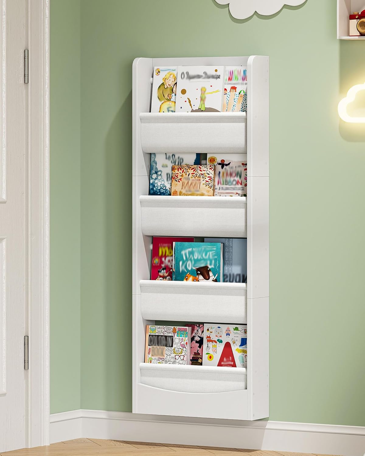 Wall Mounted Kids Bookshelf, 4 Tier Fabric Book Shelf for Kids Rooms, Bookshelf Organizer for Nursery, Classroom, Door Behind, Holds Books, Toys, White MCW40WB