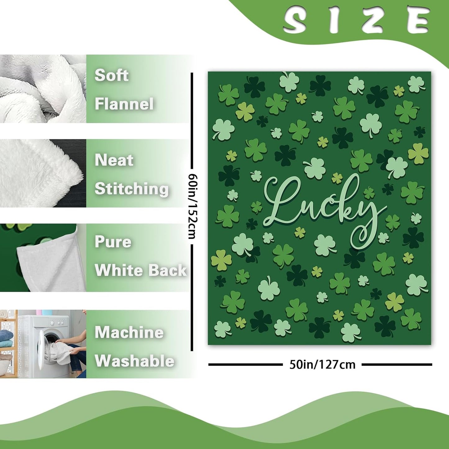 St Patricks Day Flannel Throw Blanket, Lucky Shamrock Clover Birthday Gifts for Kids Men Women, Irish Spring Soft Blankets for Bedding Sofa 50" x 60"