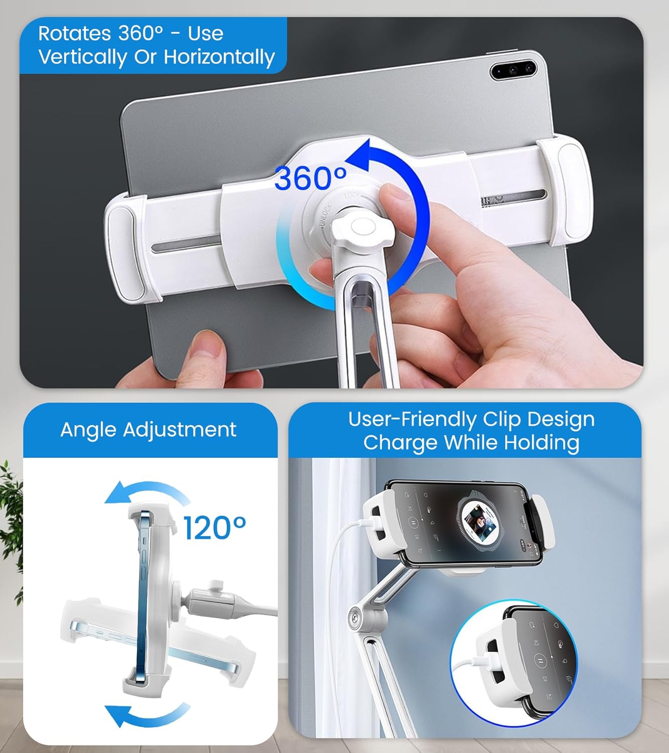 Adjustable Desk Tablet Stand, 360° Swivel iPad Kiosk Stand Fits for 4.7"-12" iPad Air mini Pro, iPhone, Samsung POS, Kindle, Aluminu Alloy Foldable Arm Holder for Store Kitchen Desktop, White