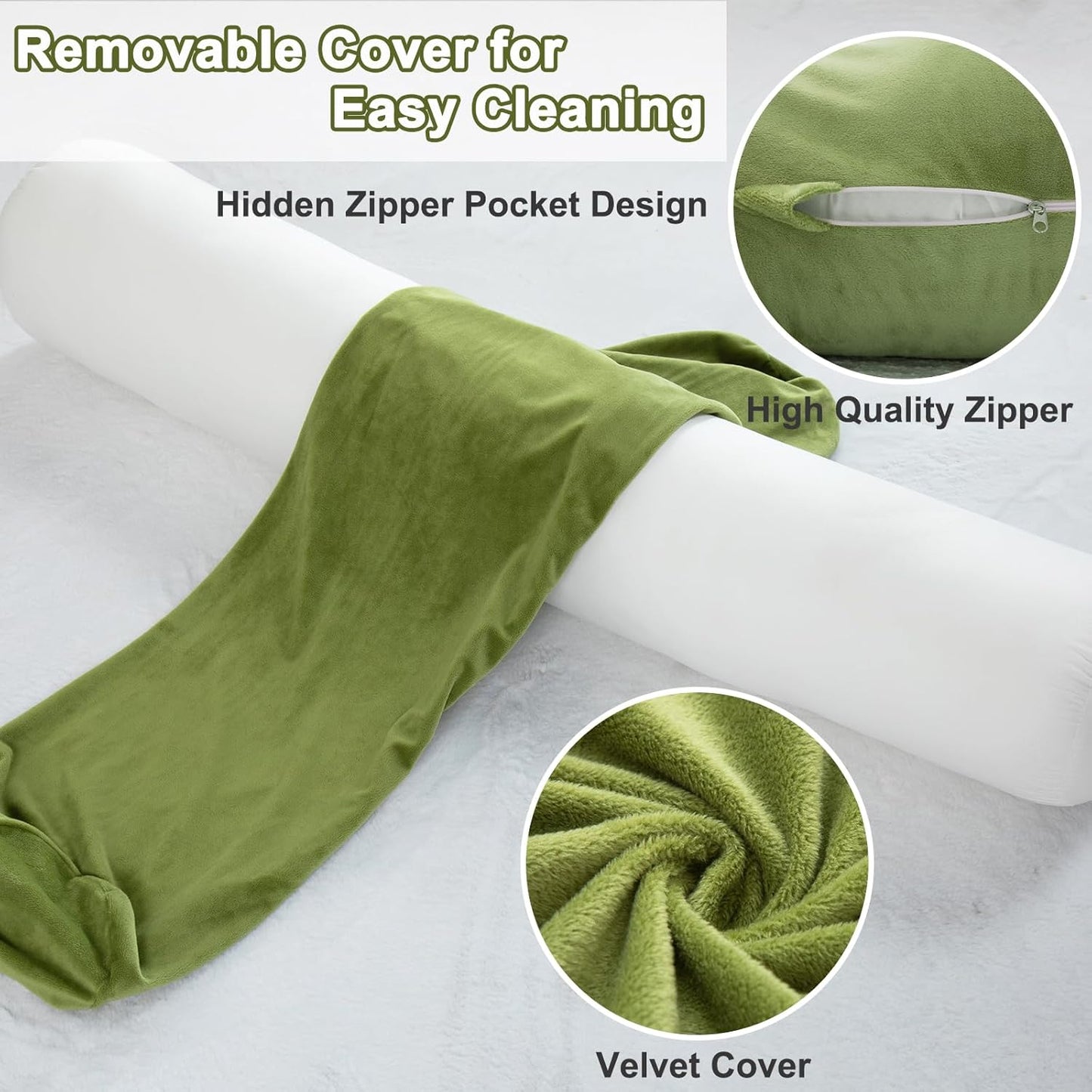Bolster Pillow for Bed, Long Round Body Pillow for Adults with Removable Velvet Cover, Decorative Tube Roll Cylinder Pillow, 47 x 7.87 Inch, Green