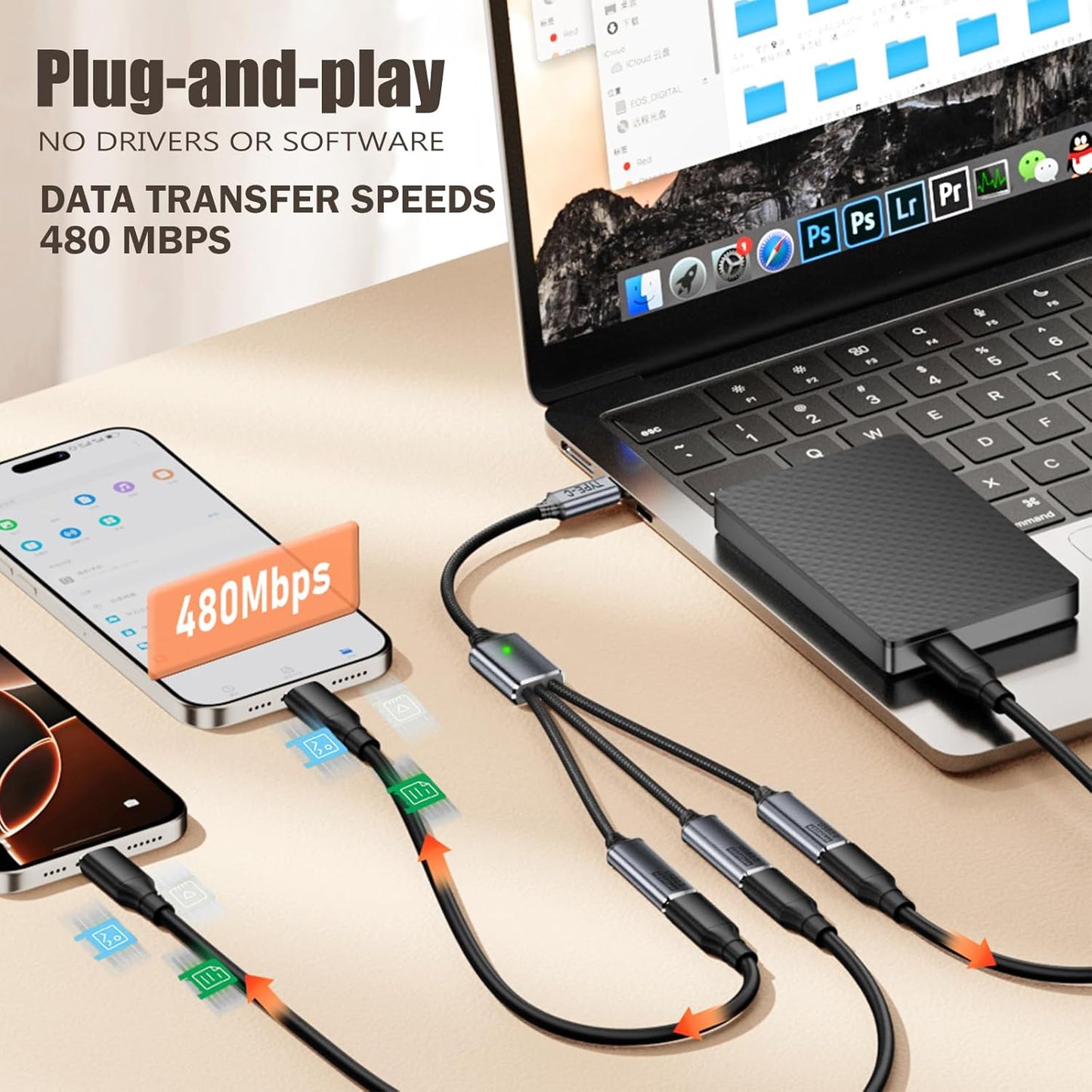 0.8Ft USB2.0 Adapter, USB Splitter Y, USB1 in to 3 Out Extender Cable,for Car/Mac/Xbox/Laptop/Tablet/Smartphone Data Transmission（Black