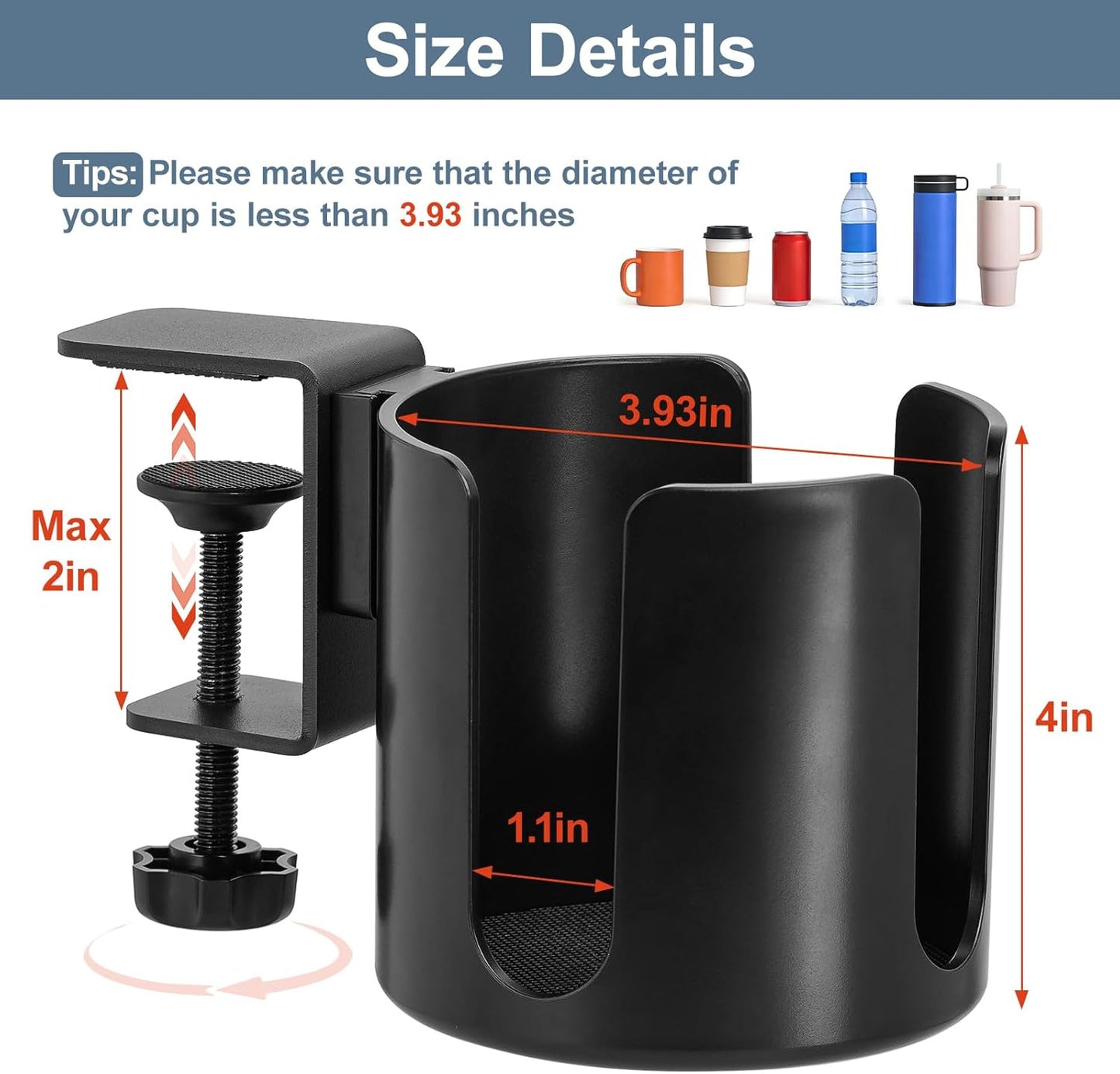 Large Desk Cup Holder Clamp, Anti-Spill Cup Holder Clip on Table or Chair Armrests, Easy to Install, Diameter 3.9 Inch, Fit Most Cups Coffee Mugs Bottles and Drinks -Black