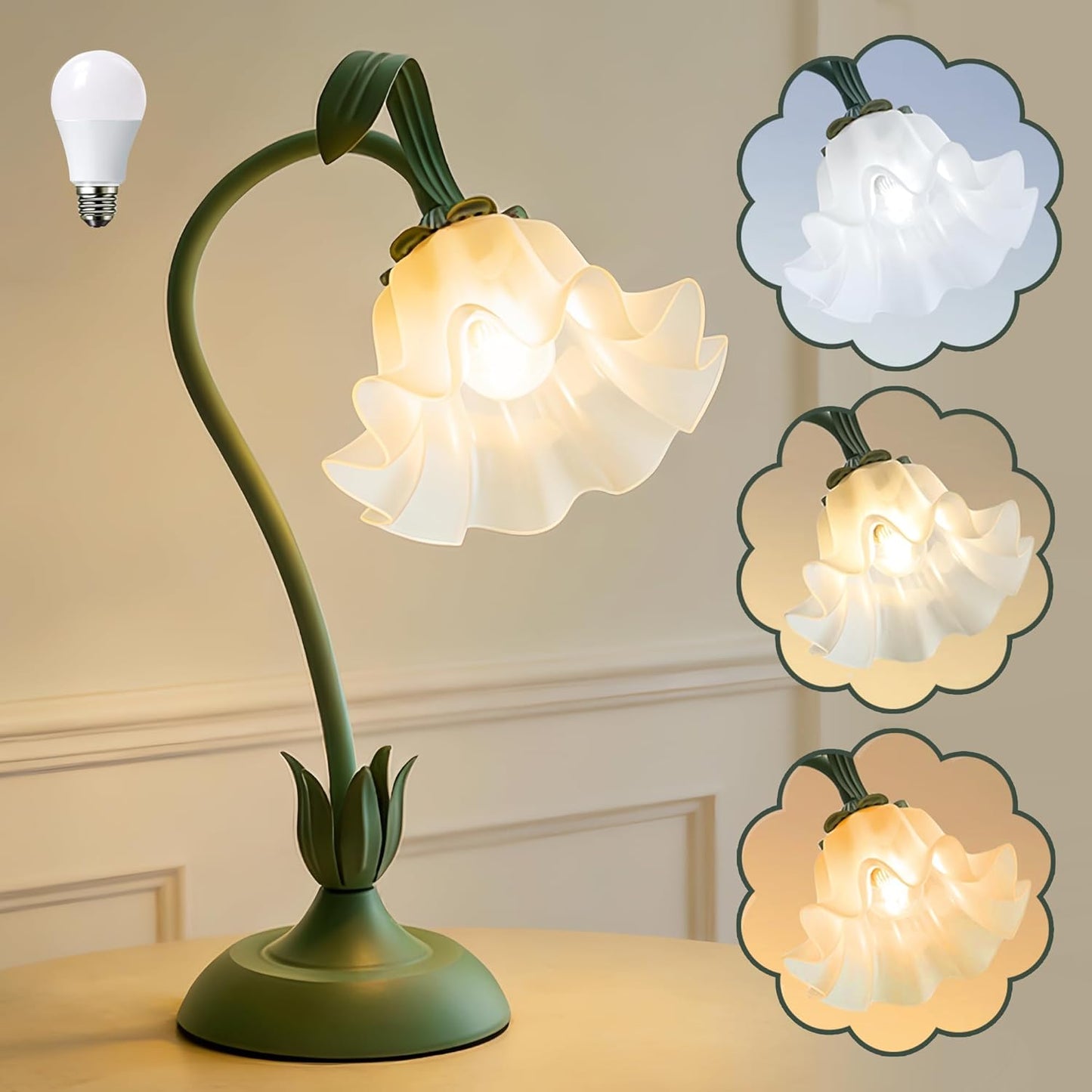 Flower Table Lamp Bedside Lamps LED Reading Light,3 Color Modes Cute Small Lamp,Vintage Flower Lamp Nightstand Lamp Kawaii Table Lamp for Bedroom Living Room Office Dorm Desk Home Decor(Green lamp)