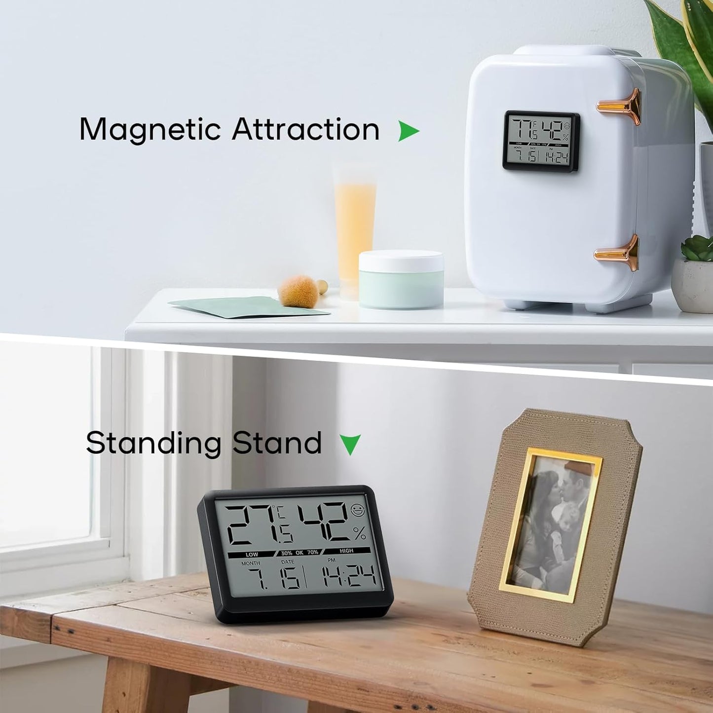 Deeyaple Humidity Meter Thermometer Digital Travel Clock Magnetic Battery Powered High Accuracy Display Temperature(℉/℃) Date 12/24H Time LCD Large Number Outdoor Indoor Hygrometer No Alarm