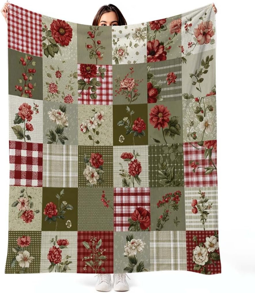 MASLEK Floral Patchwork Throw Blanket Vintage Farmhouse Flower Plaid Blanket Rustic Cottagecore Botanical Cozy Flannel Blanket for Couch Sofa Bed Home Decor, 50x60 Inch