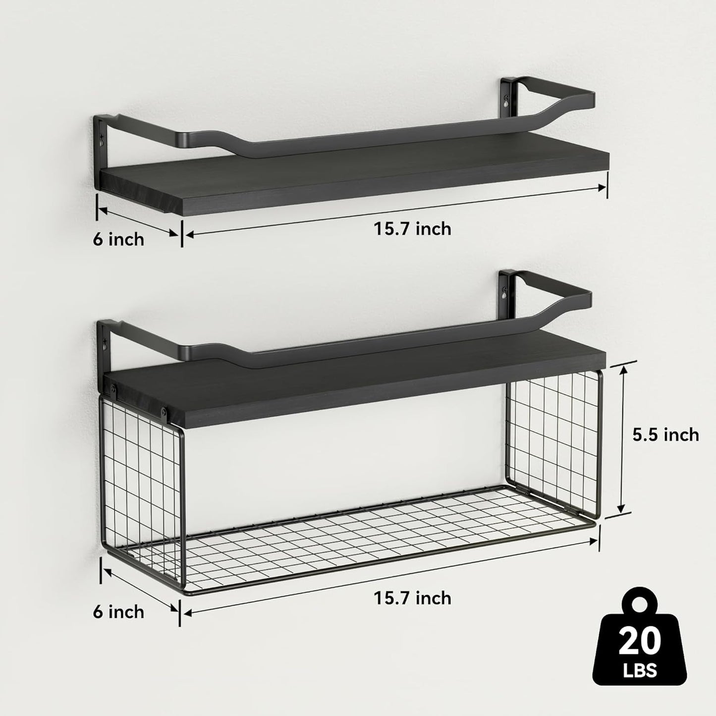 WOPITUES Floating Shelves with Wire Storage Basket, Bathroom Shelves Over Toilet with Protective Metal Guardrail, Wood Wall Shelves for Bathroom, Bedroom, Living Room, Toilet Paper-Black