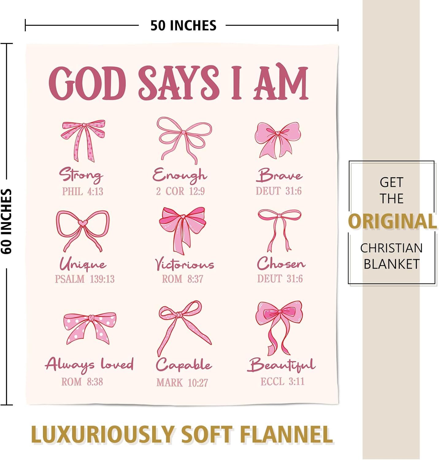 Baptism Gifts for Girls, Pink Bow Blanket, Christian Gifts for Women Birthday, Religious Inspirational Spiritual Confirmation Gift for Teen Girls, God Says I Am Bible Verse Blankets 60" x 50"