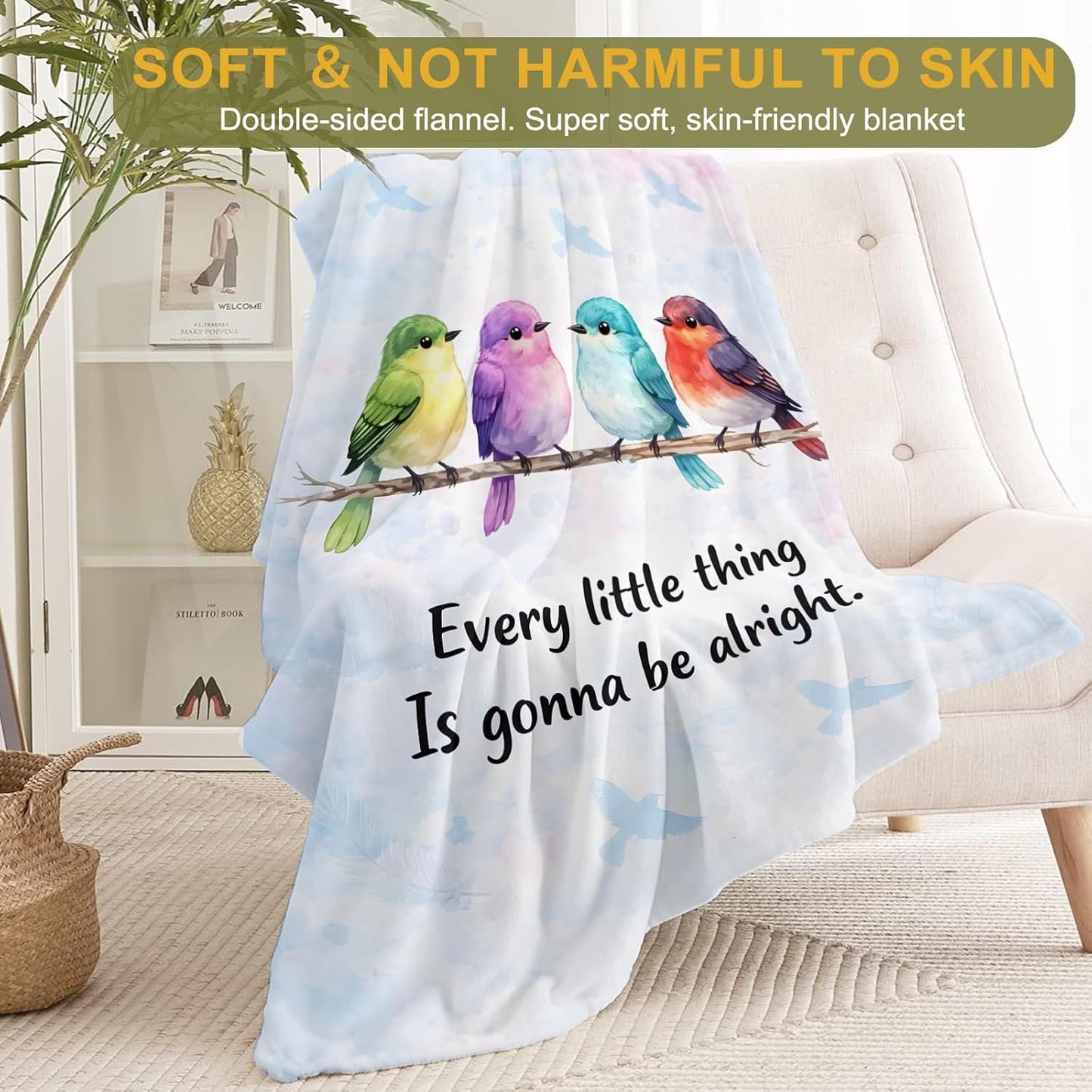 Colorful Bird Fleece Throw Blanket 50x60 Inch,Positive Songbird and Branch Decorative Throws,Soft Lightweight Blankets for Bedroom Sofa Reading Corner,Cozy Gifts for Women Teens Kids