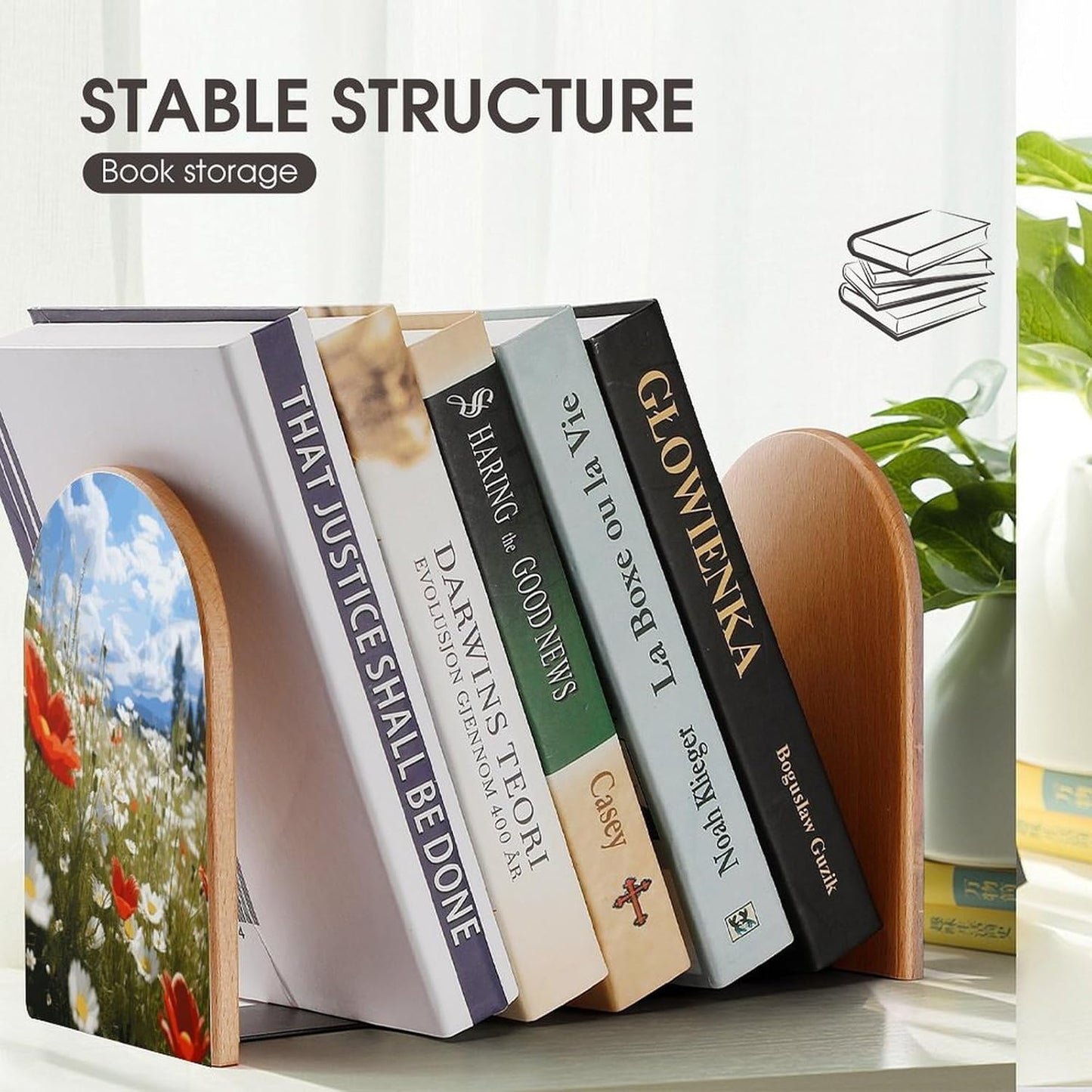 Meadow and Daisy Flowers Bookend for Shelves Wooden Book End Large Size Sturdy Book Holders Stoppers with Metal Base for Bookshelves Slick Decorative Bookends Stands