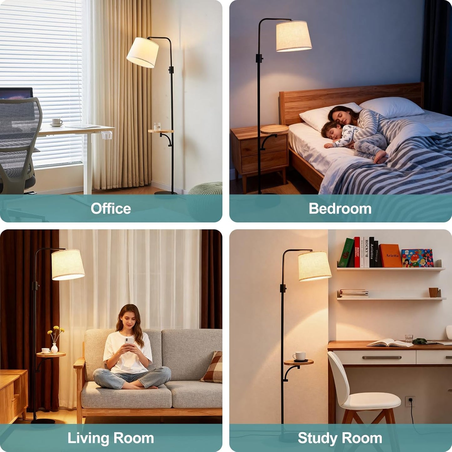 Corner Floor Lamp with Table, Black Modern Standing Lamp with Shelf, Dimmable Arc Tall Side Table with Lights for Living Room Bedroom Office with Adjust Head, Rotary Switch，LED Bulb Included