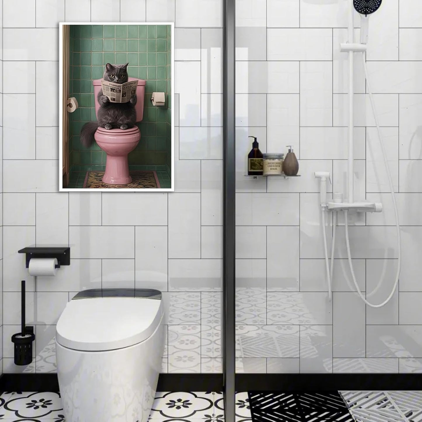 Funny Floral Art Quirky Bathroom Canvas Print Wall Art Poster Cat Reading Newspaper Print Unique Bathroom Decor Fun Animal Wall Art Funny Bathroom Sign 16X24 in Unframed