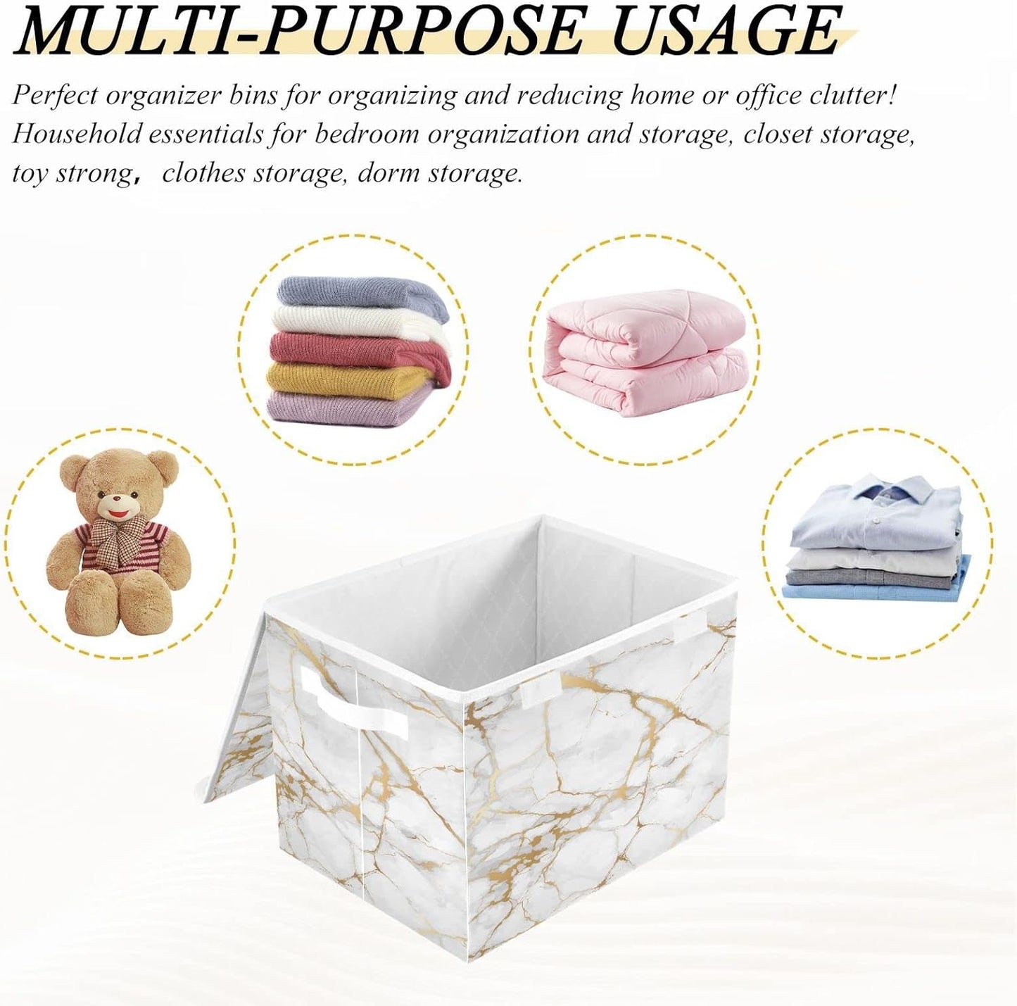 Storage Bin with Lid Gold Geometric Marble White Golden Edge Foldable Storage Box Washable Fabric Storage Cubes Bin Organizer Basket Closet for Home Bedroom Closet Nursery Office