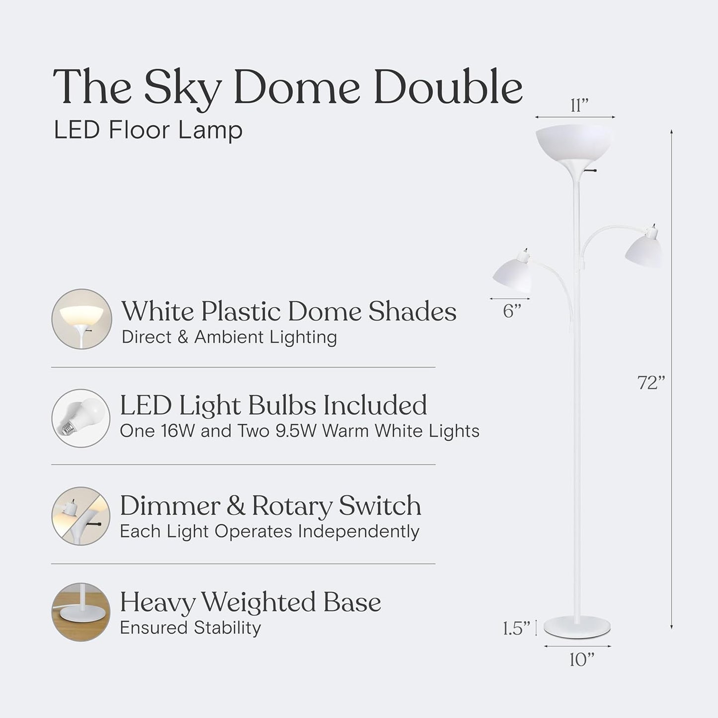 Brightech Sky Dome Double – High Brightness Torchiere Floor Lamp with 2 Reading Lights for Living Rooms, Bedrooms – Replace Halogen Standing Lamps with Efficient LED Office Lighting - Tall White Pole