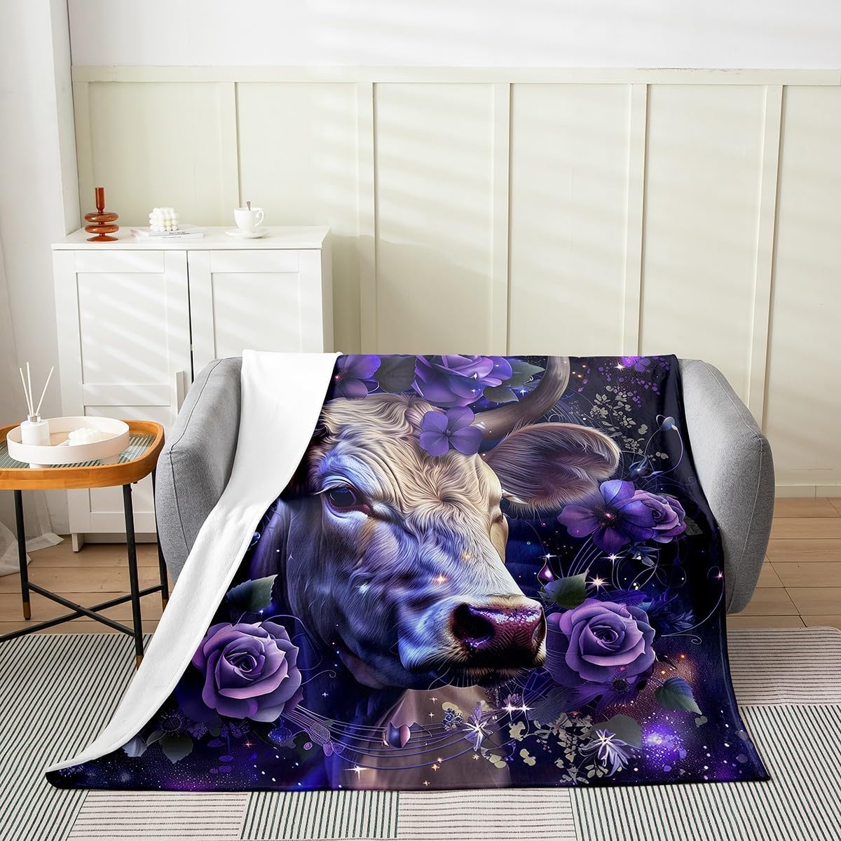 Erosebridal Highland Cow Fleece Blanket for Kids Boys Girls,Purple Rose Cow Flannel Blanket 50x60 inch,Cowhide Throw Blanket,Farmhouse Cow Bed Blanket for Sofa Couch,All Season