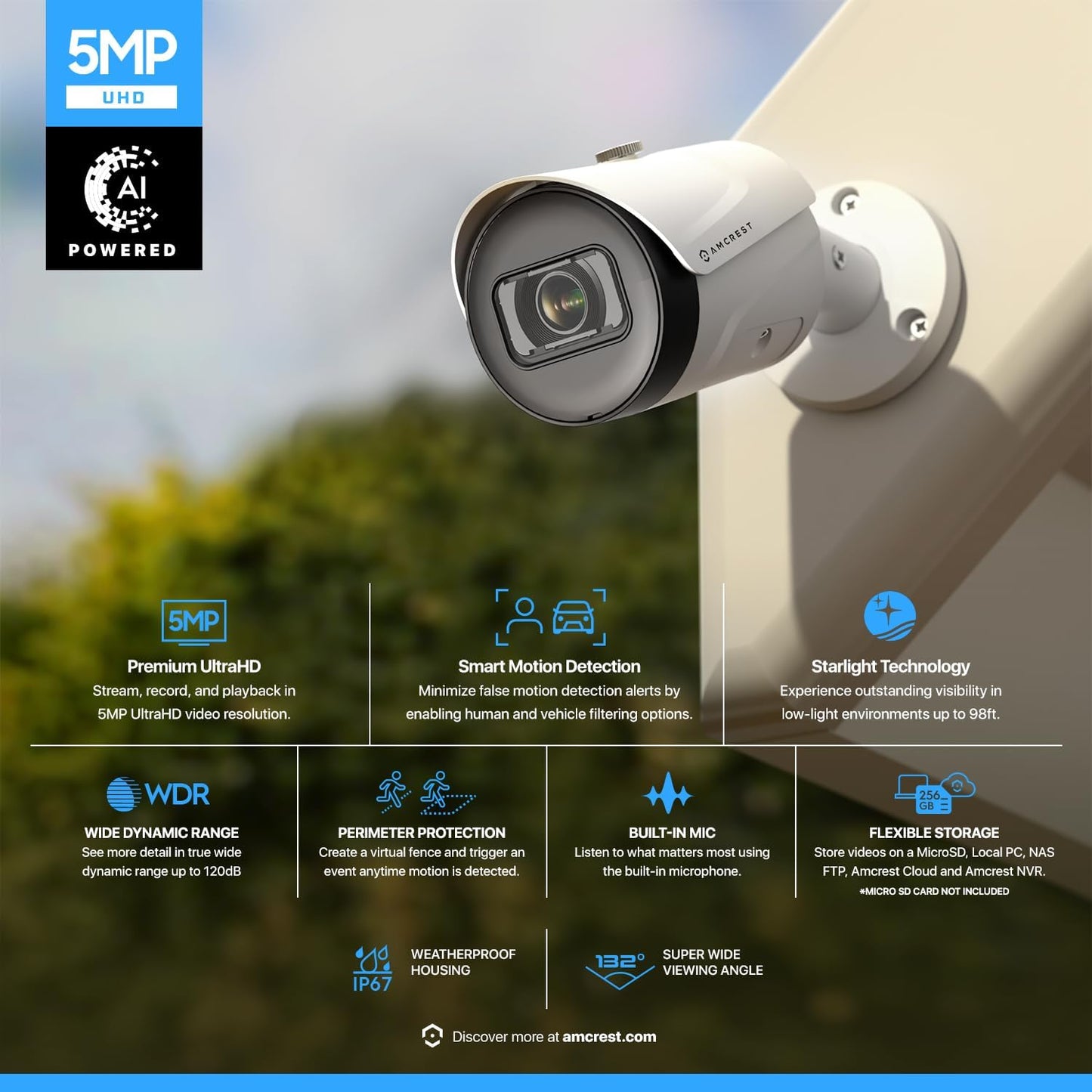 Amcrest 5MP Outdoor POE Camera 2592 x 1944p Bullet IP Security Camera, IP67, 132° Viewing Angle, Human & Vehicle Detection, Tripwire & Intrusion, 5-Megapixel, IP5M-B1186EW-AI-V3 (White)