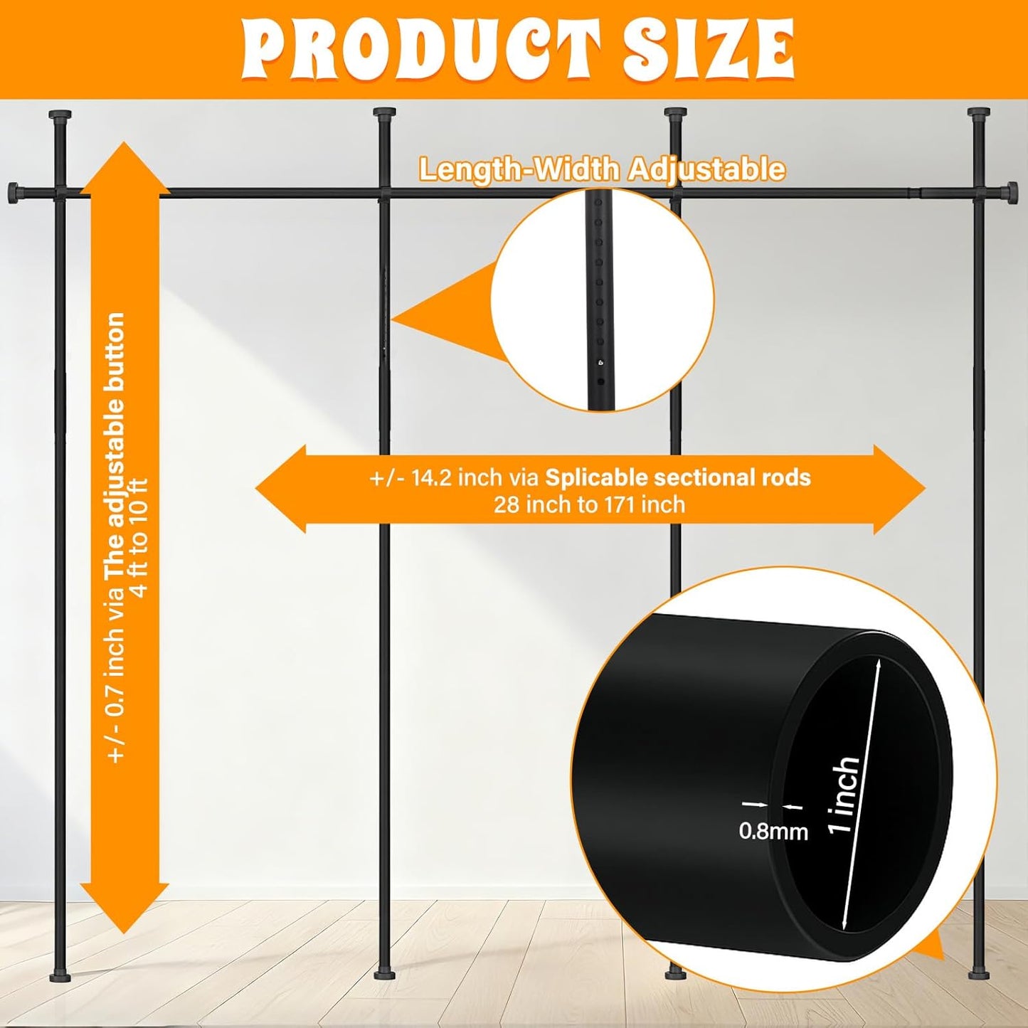 Room Divider Curtain Rod, No Drilling Wall Divider for Room Separation, 4-10ft(H) 28-171inch(W) Adjustable Heavy Duty Partition Space Separator Tension Curtain Stand(Black)