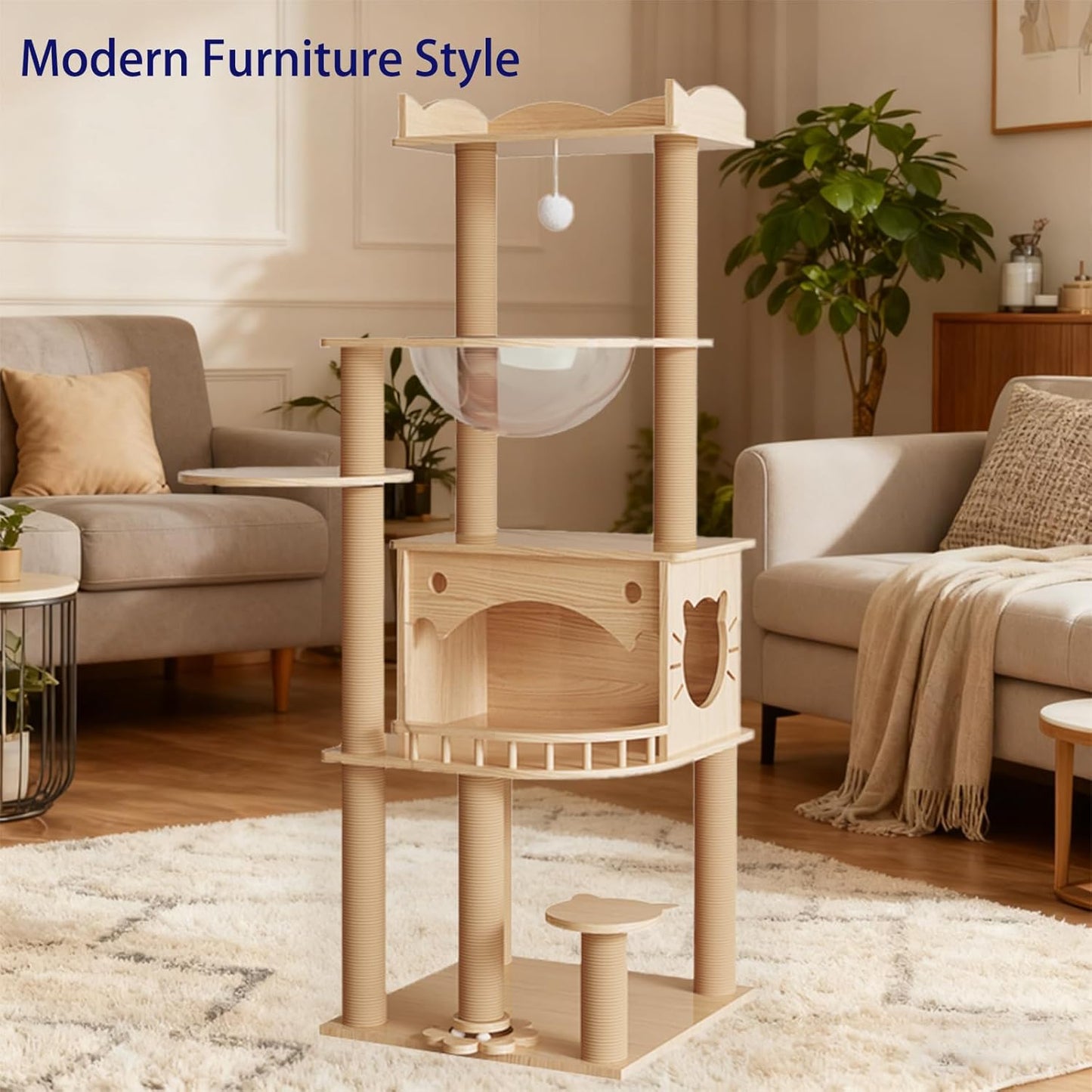KVIDA Solid Pine Wood Cat Tree for Indoor Cats, 56.7” Tall Modern Cat Tower with Clear Acrylic Hammock & Condo House, Heavy Duty Wooden Cat Tree for Large Cats with Sisal Scratching Posts