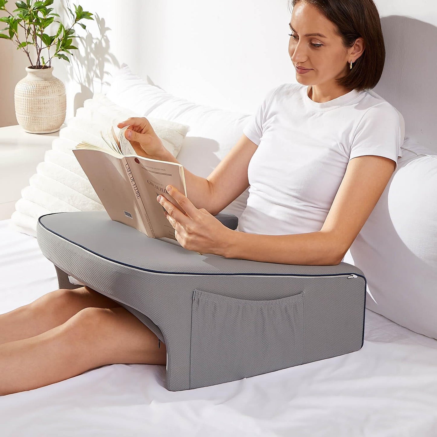 Reading Pillow for Bed, Gaming Pillow for Lap, Petite Adults, Teens Arm Rest Pillow, Memory Foam Lap Desk Pillow for Reading, Working, Playing, Crocheting in Bed Couch(Grey)