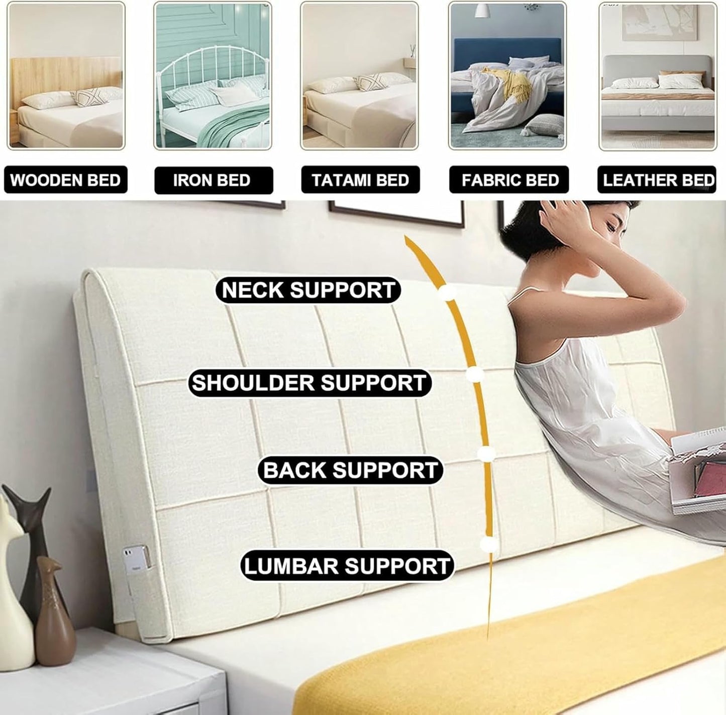 Green1,59x23x4In,Rectangle Headboard Upholstered Solid Color Reading Pillow,Large Bed Backrest Linen Soft Bag Headboard Support Cushion for Home Bedroom Sofa Bunk Bed