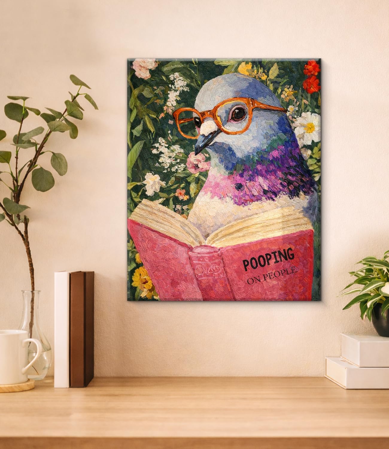 Funny Pigeon Bathroom Wall Art Print - Vintage Pigeon Reading Canvas Poster Painting - Funny Animal Bathroom Wall Decor 8x10 Inch Framed