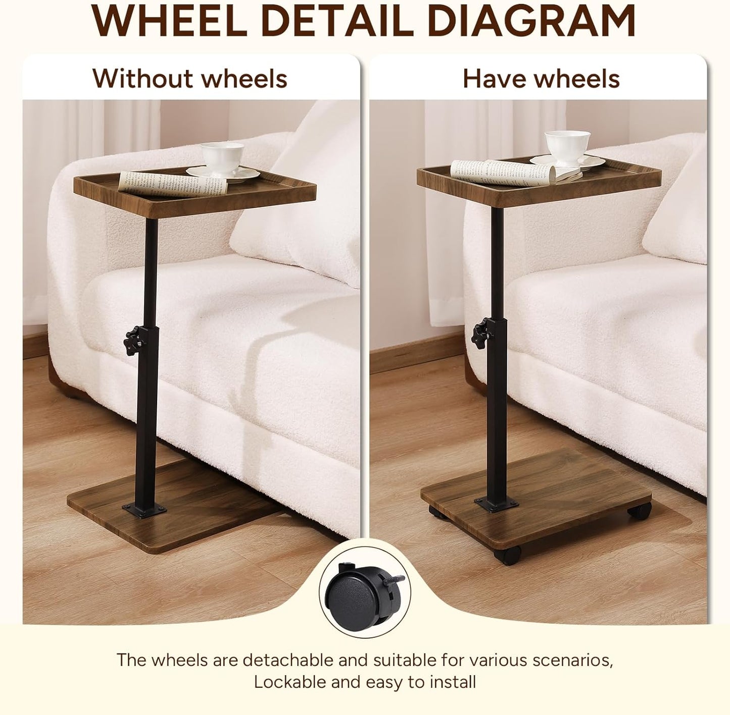 Adjustable C Table End Table, Side Table C Table with Wheels,360° Rotatable (20.7-34.9inches) Height Adjustable for Sofa/Bed/Bathtub, Walnut Wood & Black (15.7x11.8)