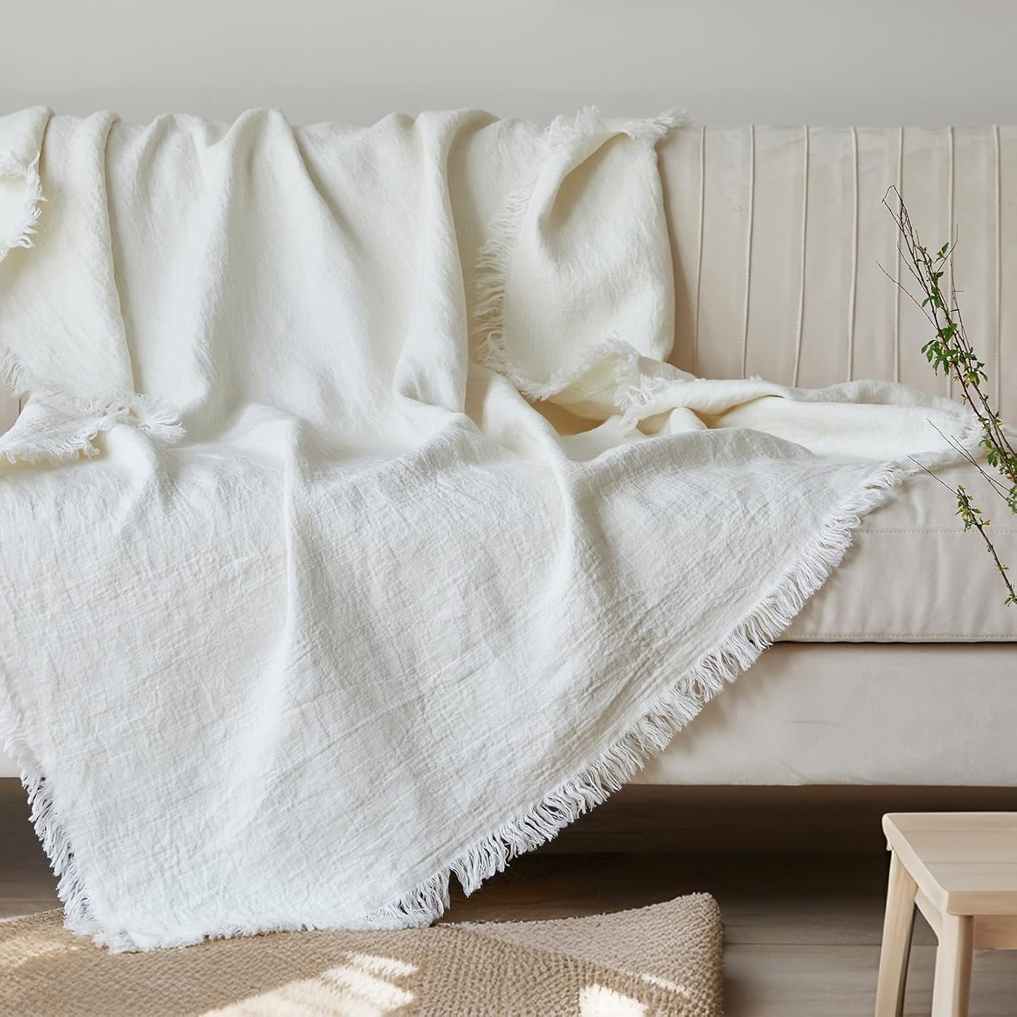 Simple&Opulence 100% Linen Throw Blanket 55x75 inches, Farmhouse Boho Tassel Blanket for Couch, Bed, Sofa, Breathable Natural Cozy Décor, White