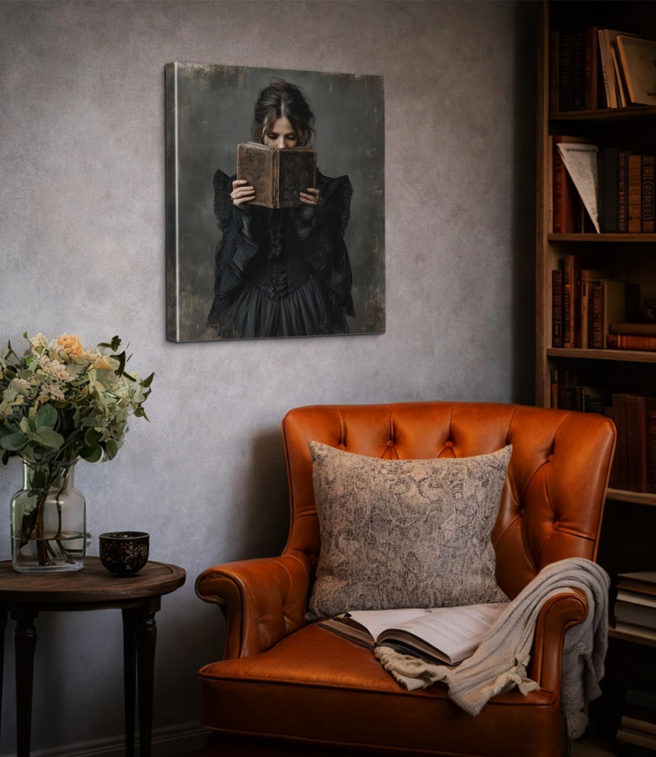 Victorian Woman Reading Wall Art Print - Vintage Bookish Woman Canvas Poster Painting - Dark Academia Wall Decor for Home Reading Nook Library 8x10 Inch Framed