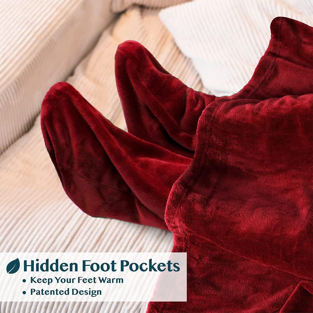 PAVILIA Fleece Blanket with Sleeves, Foot Pockets for Women Men Adults, Plush Wearable Blanket Throw Wrap, Warm Snuggle Blanket Robe, Cozy Gift Ideas Wife Mom, Burgundy Red
