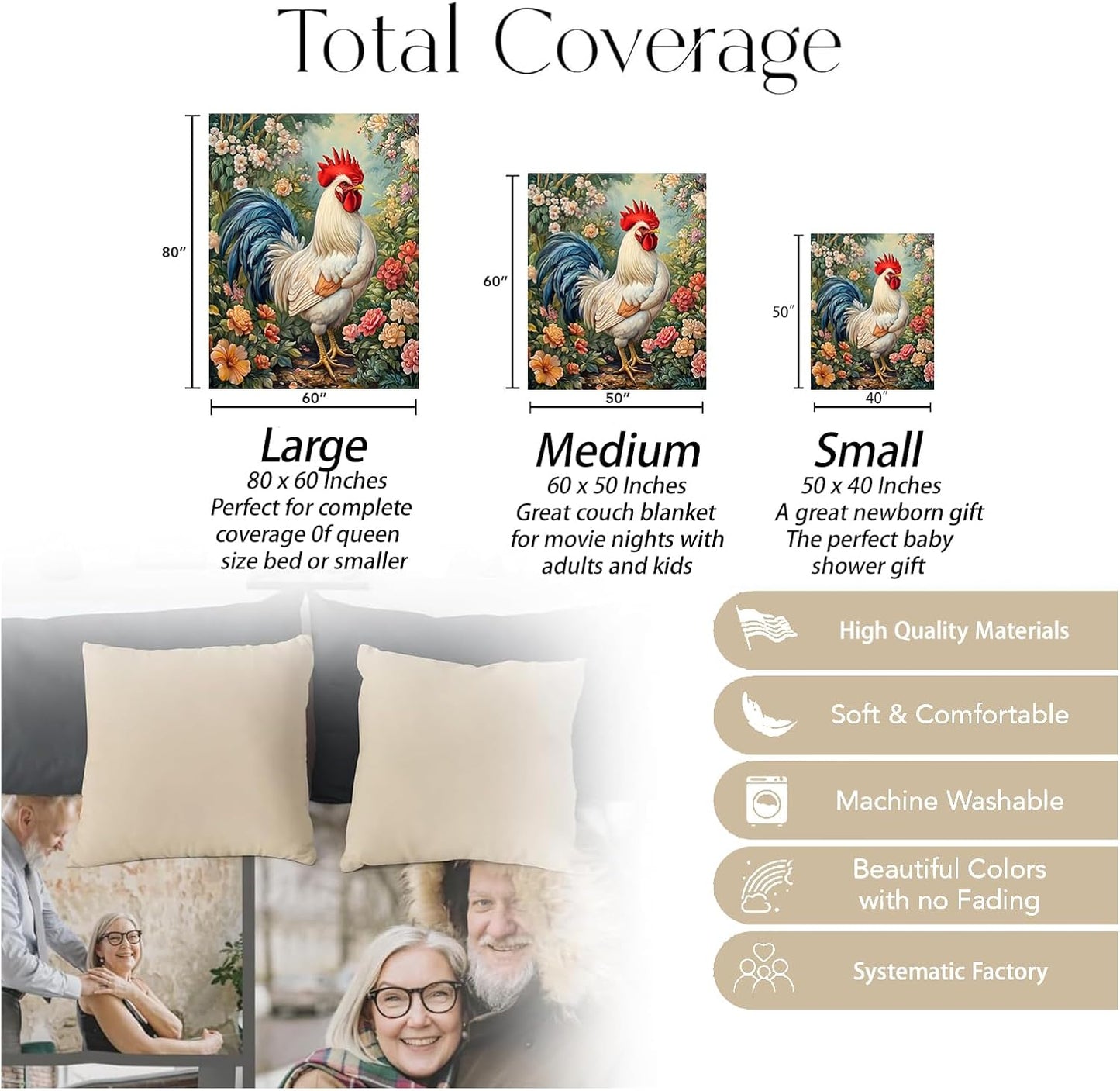 Rooster & Floral Blanket, Soft Warm Cozy Throw Gifts for Adults Kids Women, Lightweight Comfy Fuzzy Flannel Blankets for Couch, Travel, Car, Home Decor 50×40 Inch