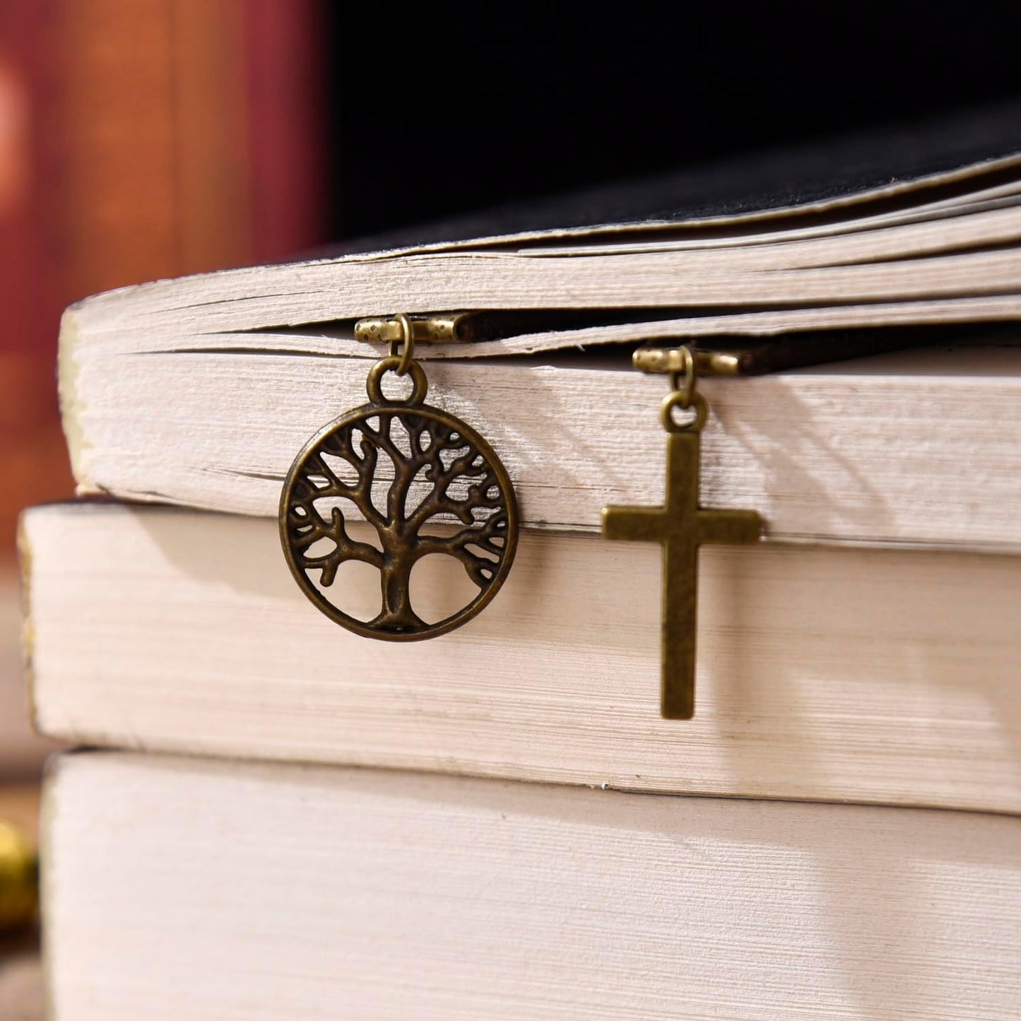 Donxote Handmade Long Leather Straps Bookmark, Tree of Life Bible Bookmarks with Retro Cross, Christian Saint Book Mark, Ideal Catholic Gift (Style 12)