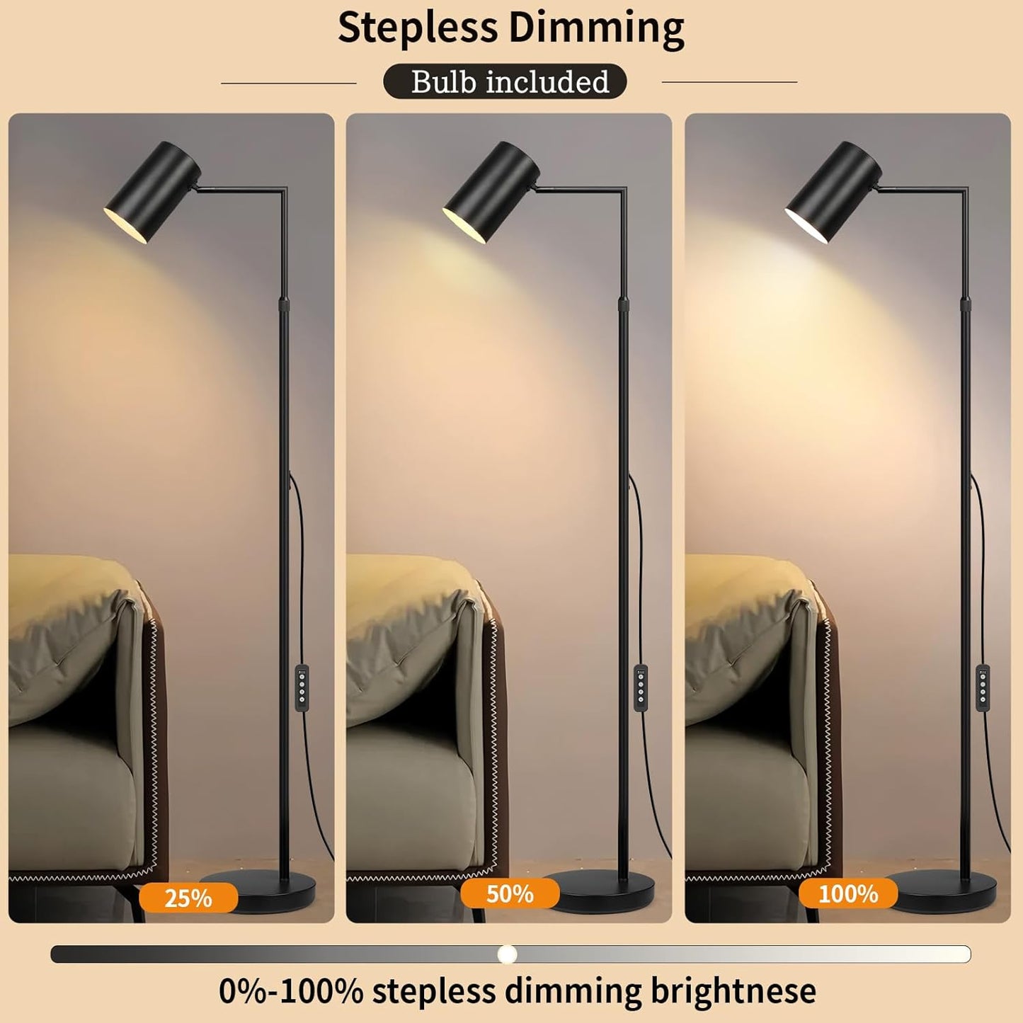 Arc Black Floor Lamp for Living Room with Timer, Stepless Dimmable&Height Adjustable Modern Reading Standing Lamps for Living Room,Reading Room,Office,LED Bulb Included (Black-DM)