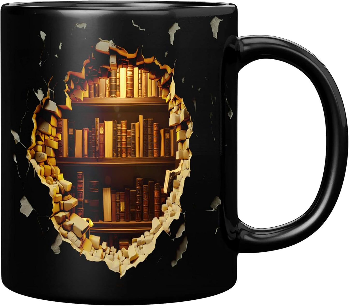 11 Oz Black Ceramic Mug With Hidden Bookshelf Design, Microwave Safe Coffee Cup For Book Lovers And Readers