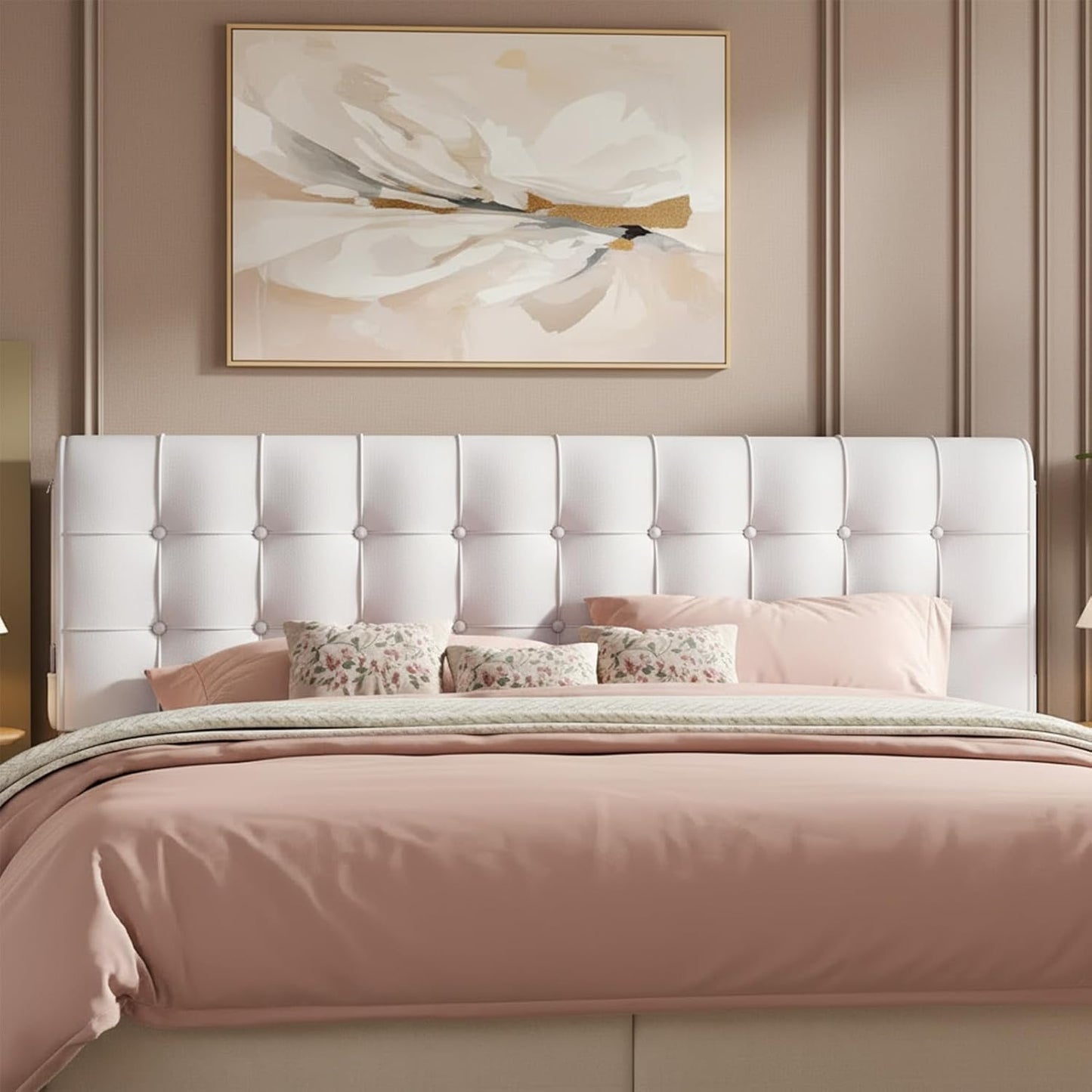 Twin Headboard, Tool-Free 60s Installation - 4" High-Density Foam Upholstered Headboard with Side Pockets, Non-Slip Linen Headboard for Dorm/Renter/Small Bedroom, Ivory Beige