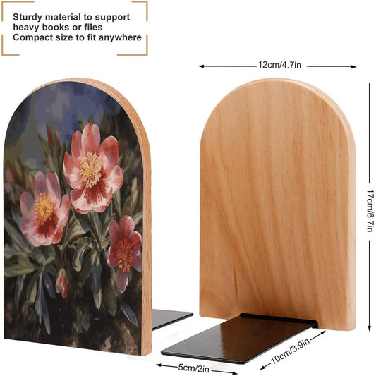 Spring Flower Bookend for Shelves Wooden Book End Large Size Sturdy Book Holders Stoppers with Metal Base for Bookshelves Slick Decorative Bookends Stands