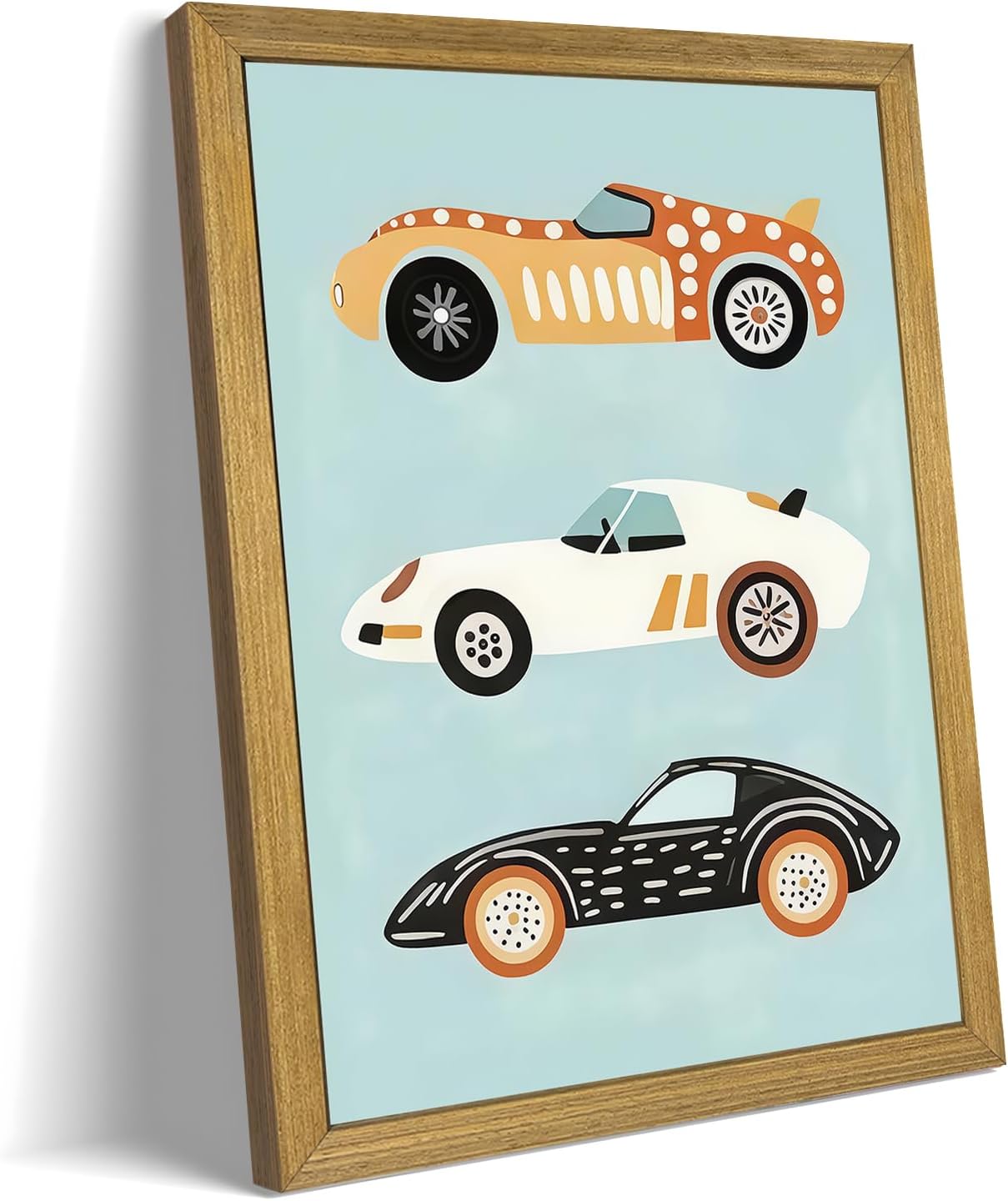 Wood Framed Car Wall Art, Vintage Race Car Canvas Print Poster, Baby Boy Nursery Wall Decor, Cute Car Themed Room Decoration, for Boys Kids Room Artwork 8x10 Inch