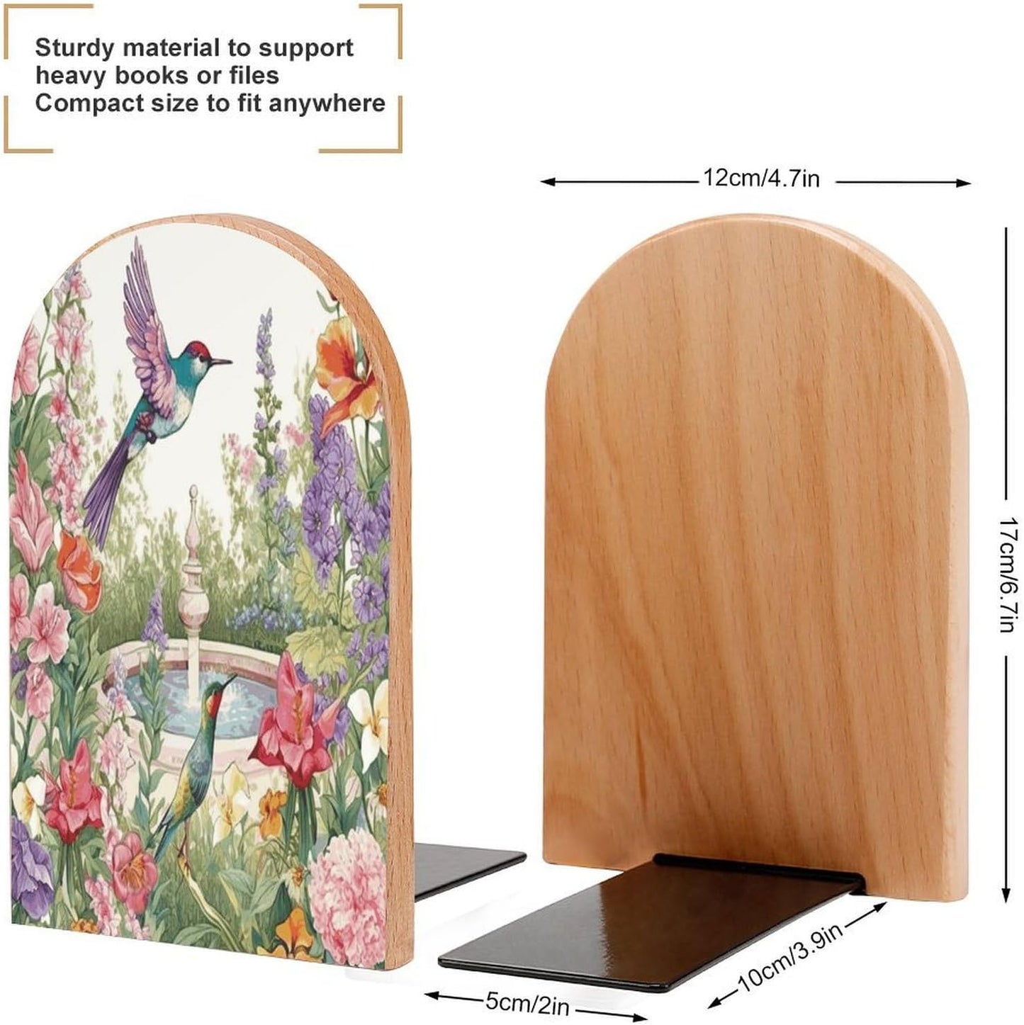 Garden with Birds and Flowers Bookend for Shelves Wooden Book End Large Size Sturdy Book Holders Stoppers with Metal Base for Bookshelves Slick Decorative Bookends Stands