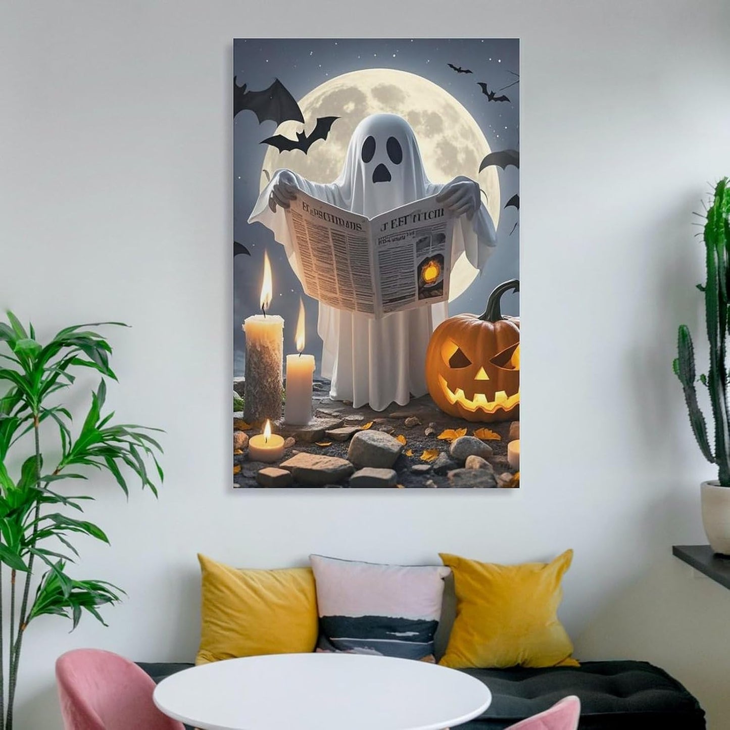 ZLFDSKGY Frame 20x30 inch (50x75 cm) Canvas Wall Art Ghost Reading Printed Wall Decor Hanging Canvas Pictures Wall Decorations Art Poster for Living Room Bedroom Bathroom