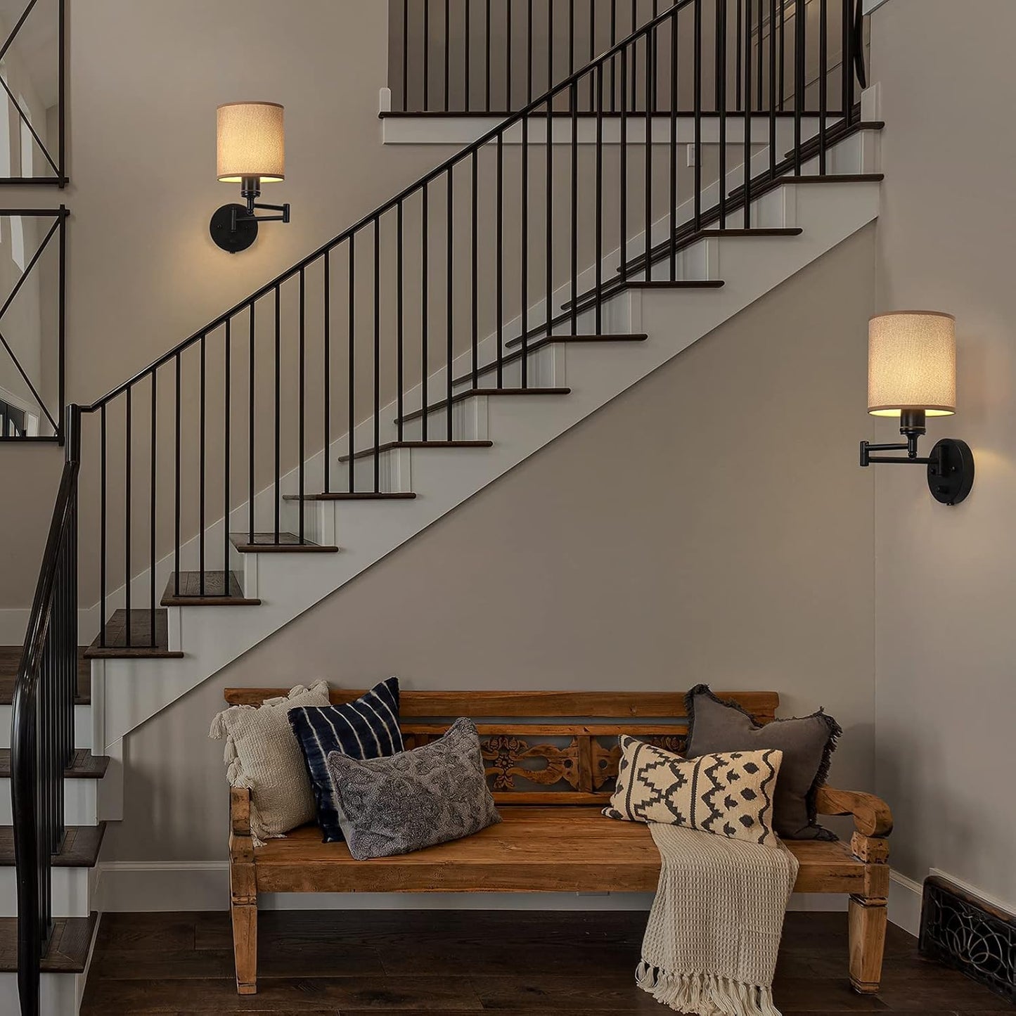 CADUKE Wall Lamps Plug in, Swing Arm Wall Sconce Set of 2 with Light Brown Lampshade, Modern Bedroom Wall Lights Fixtures, Bedside Wall Reading Lights