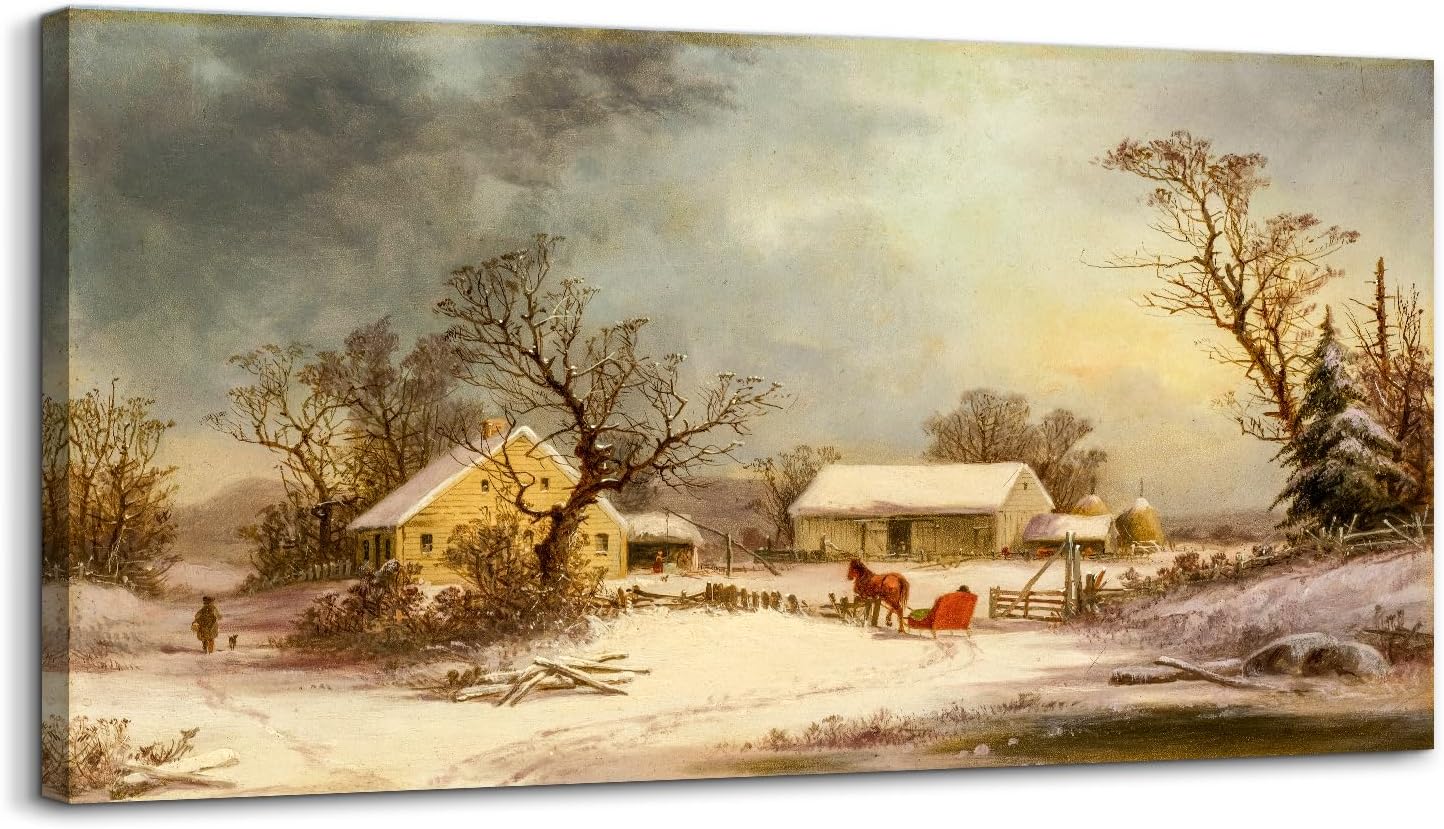 crmotu Large Landscape Wall Art, Farmhouse Wall Decor, Winter Wall Art, Snowy Farm Canvas Painting, Vintage Aesthetic Pictures for Living Room Bathroom Bedroom Kitchen Art Prints 20"X40"