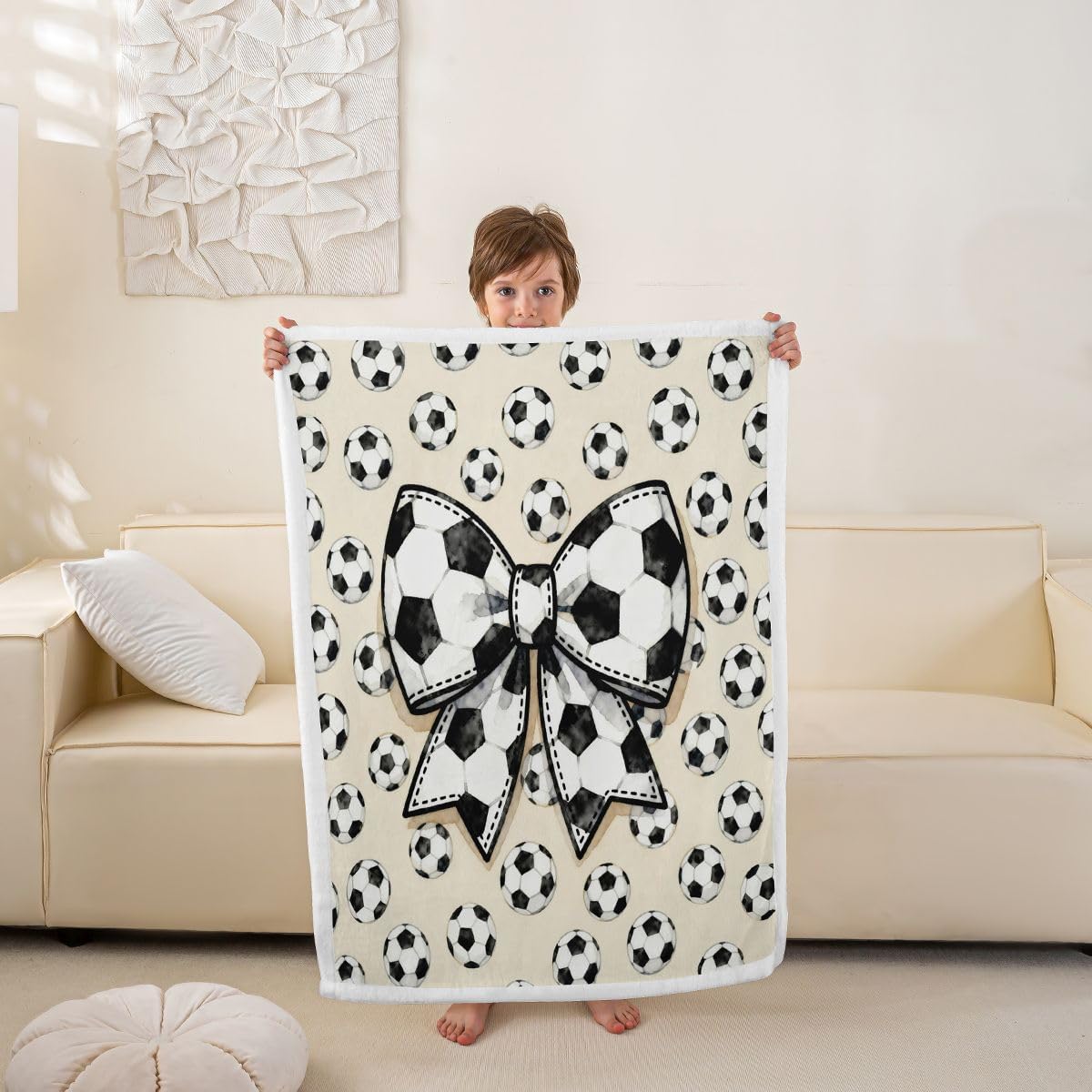 Feelyou Cartoon Football Bow Sherpa Throw Blanket for Couch Cute Bowknot Super Soft Cozy Fleece Soccer Sports Blanket for Winter, Plush Throw Baby 30"x40" All Season