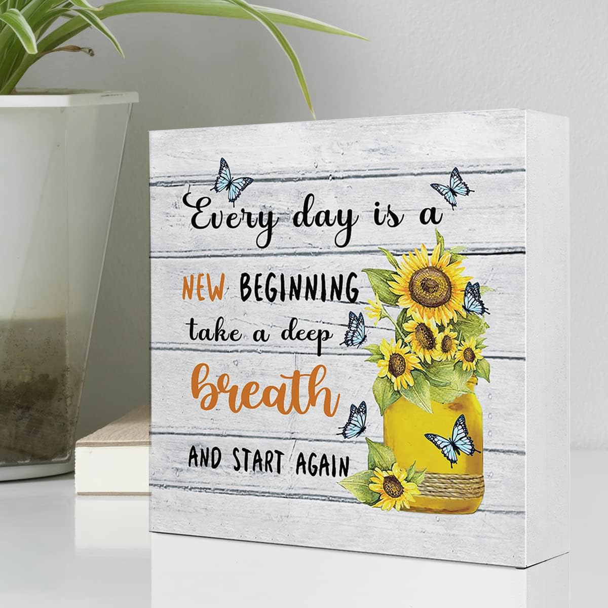 Everyday Is A New Beginning Farmhouse Sunflowers Wooden Sign Desk Decor, Inspirational Wood Block Signs for Home, Bedroom, Office