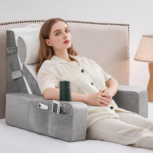 5pcs Reading Pillow for Adults Sitting in Bed – Back Pillow for Bed Sitting Up with Arms, Pockets & Cup Holder, Sit-Up Backrest Pillow for Beds & Chair Use, Beds Rest Pillows for Gaming, Watching TV